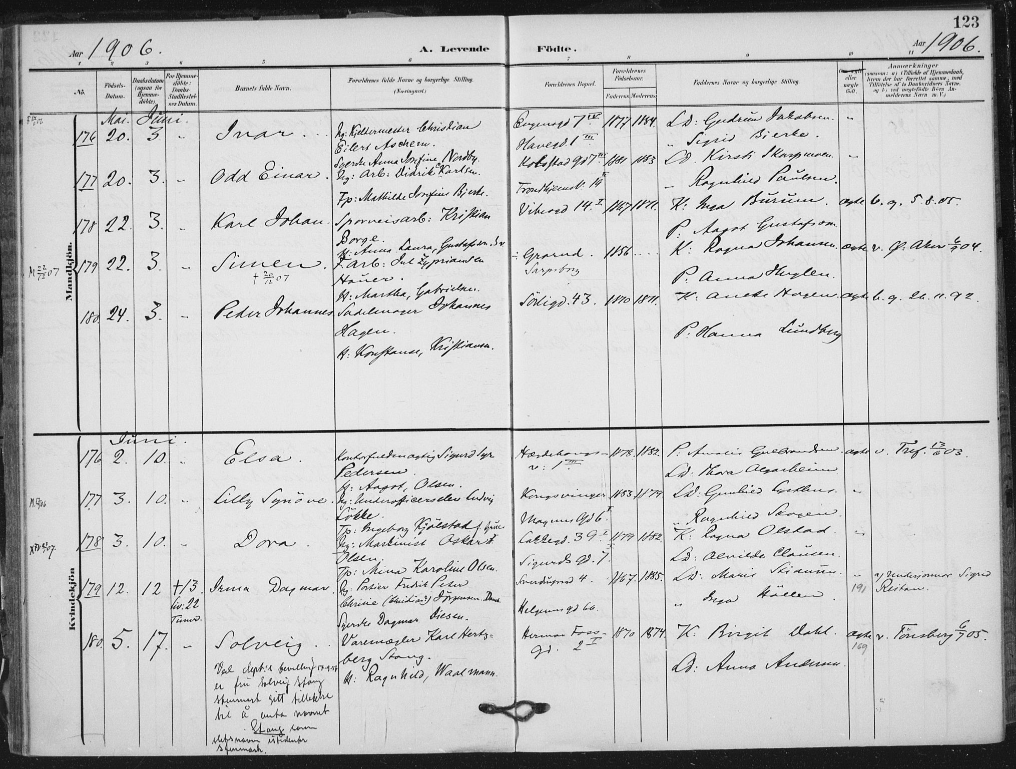Rikshospitalet prestekontor Kirkebøker, SAO/A-10309b/F/L0013: Parish register (official) no. 13, 1905-1908, p. 123