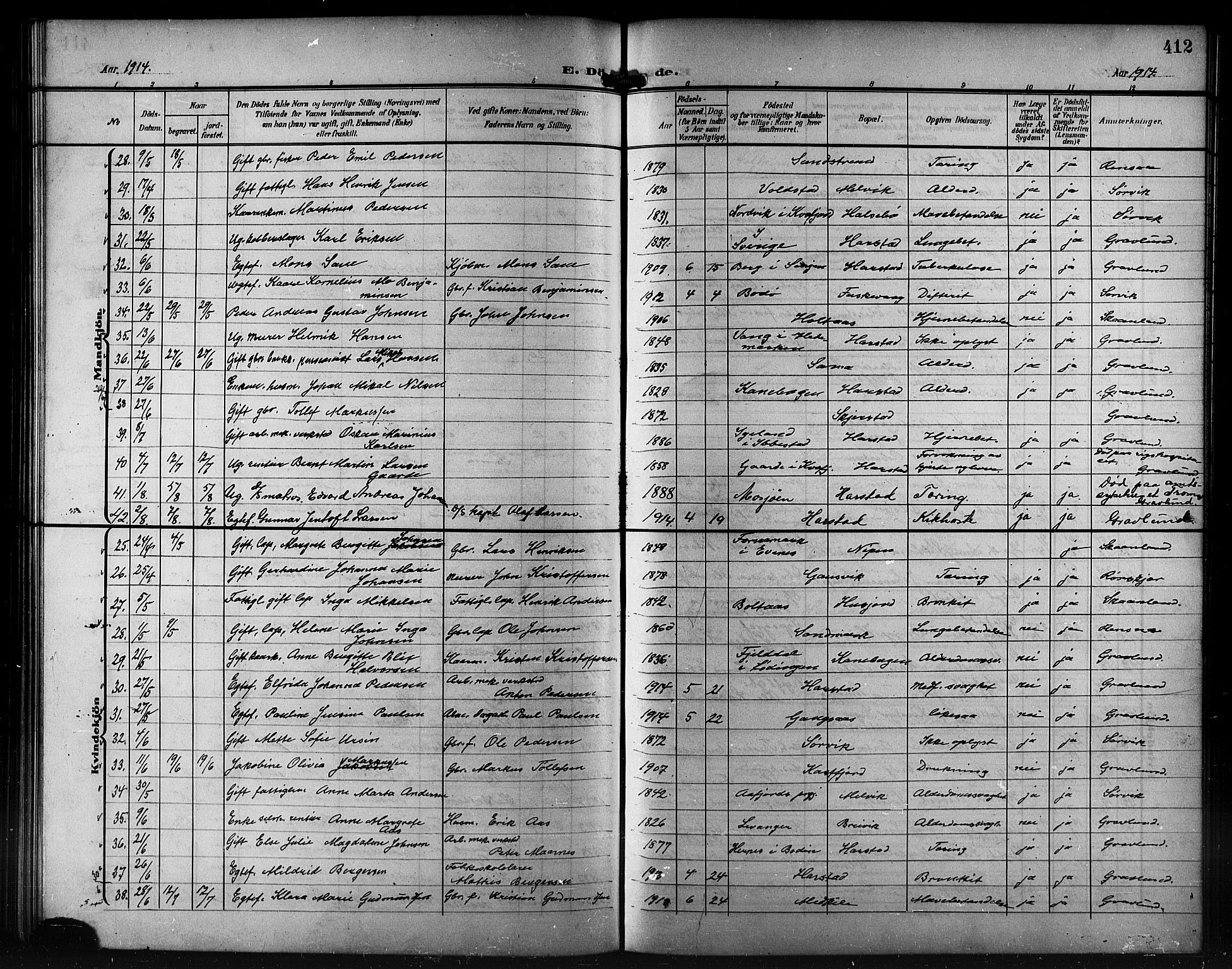 Trondenes sokneprestkontor, AV/SATØ-S-1319/H/Hb/L0012klokker: Parish register (copy) no. 12, 1907-1916, p. 412