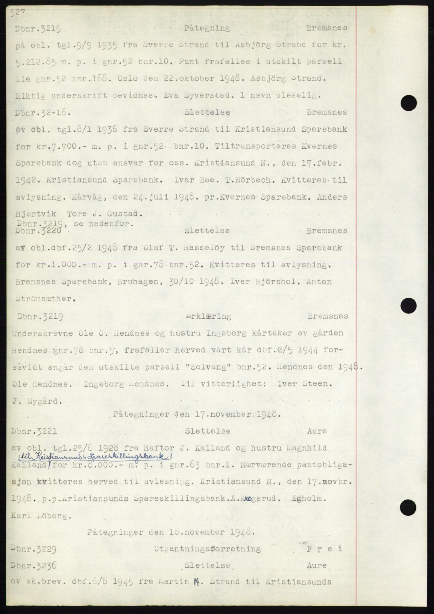 Nordmøre sorenskriveri, AV/SAT-A-4132/1/2/2Ca: Mortgage book no. C82b, 1946-1951, Diary no: : 3215/1948