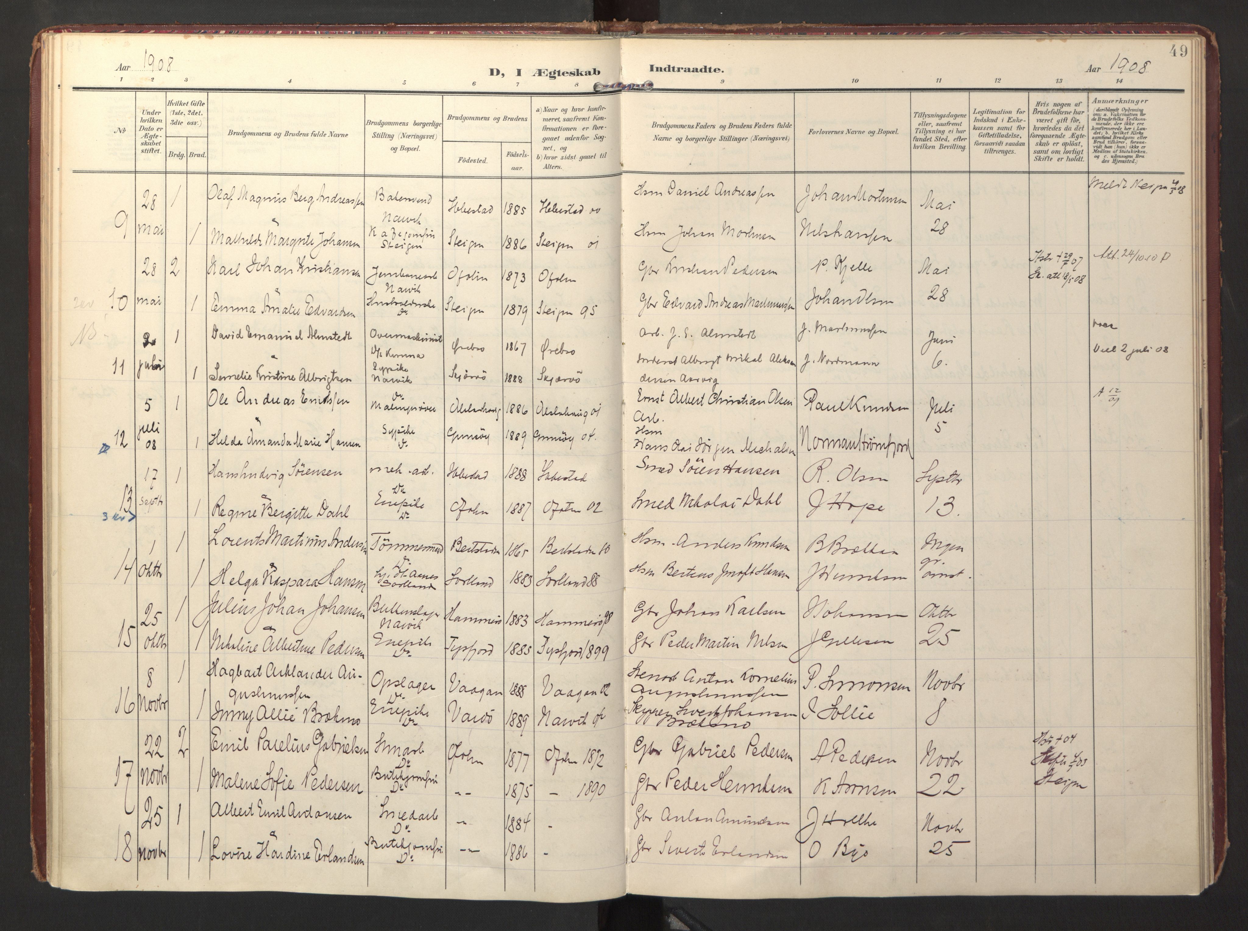 Ministerialprotokoller, klokkerbøker og fødselsregistre - Nordland, AV/SAT-A-1459/871/L0999: Parish register (official) no. 871A15, 1902-1917, p. 49