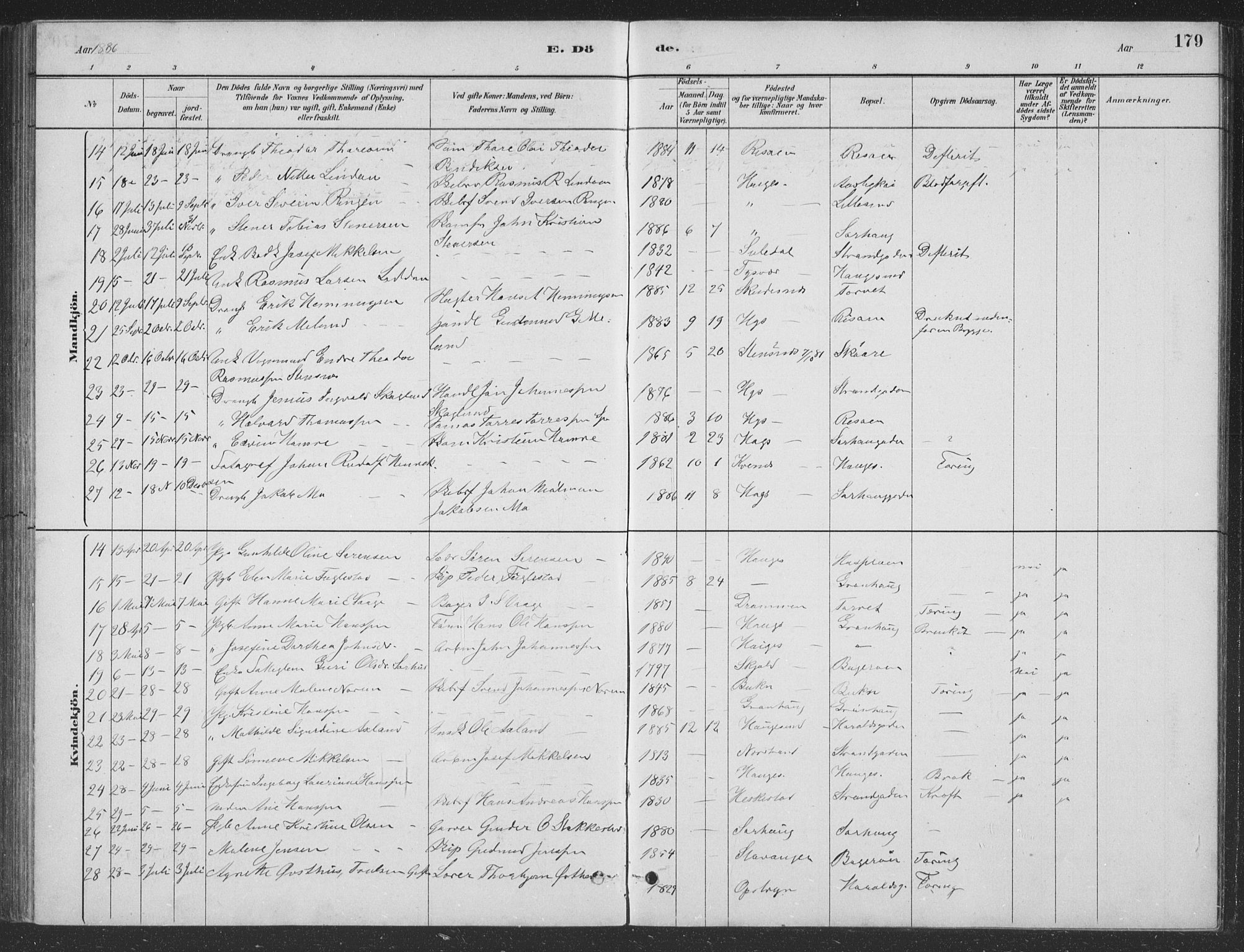 Haugesund sokneprestkontor, AV/SAST-A -101863/H/Ha/Hab/L0002: Parish register (copy) no. B 2, 1881-1894, p. 179