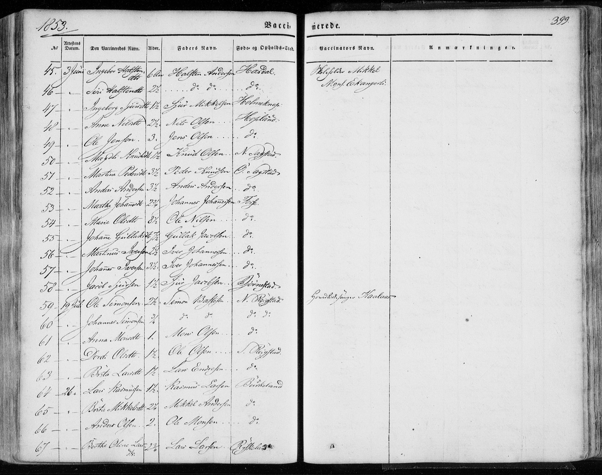 Hamre sokneprestembete, AV/SAB-A-75501/H/Ha/Haa/Haaa/L0013: Parish register (official) no. A 13, 1846-1857, p. 399