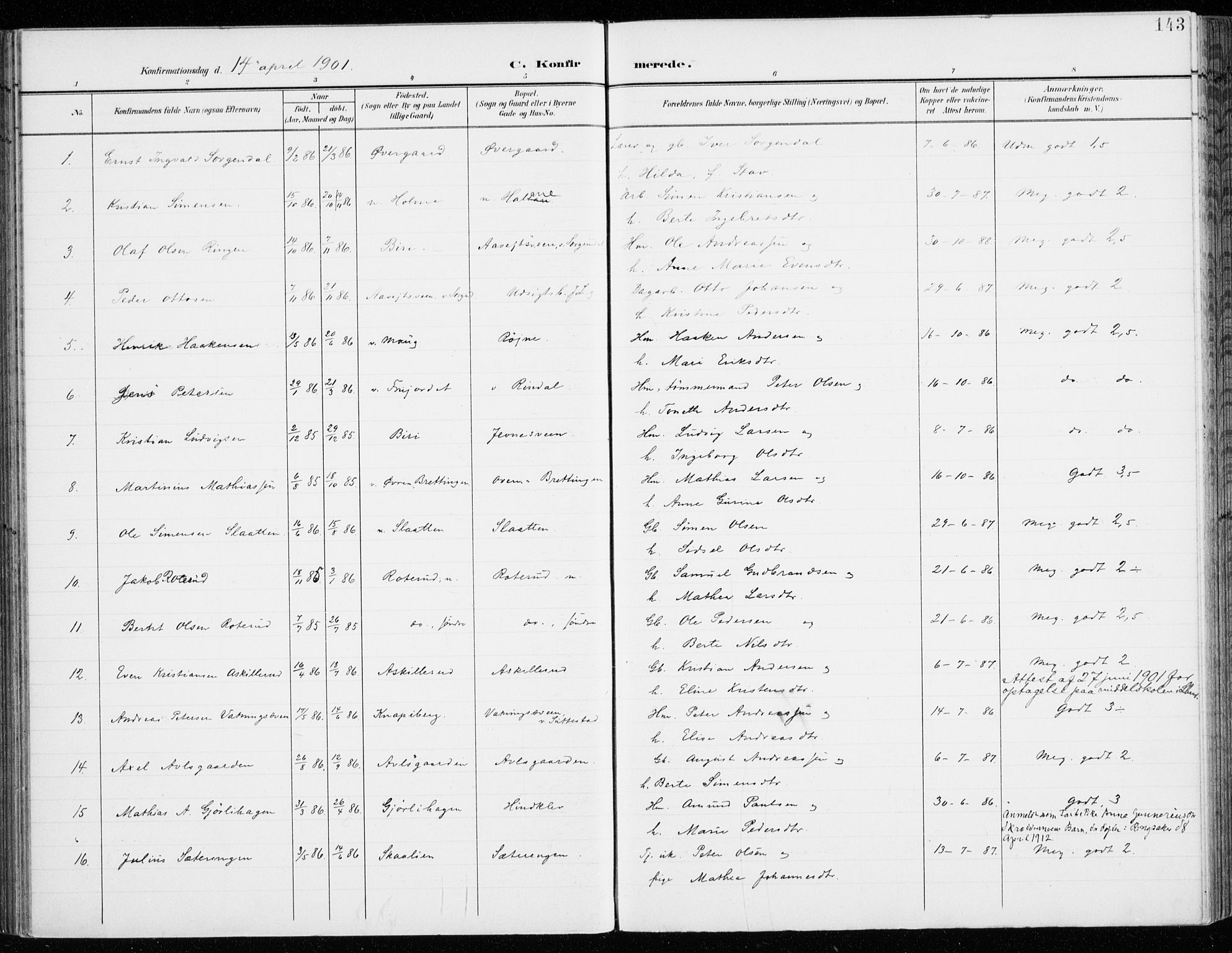 Fåberg prestekontor, SAH/PREST-086/H/Ha/Haa/L0011: Parish register (official) no. 11, 1899-1913, p. 143