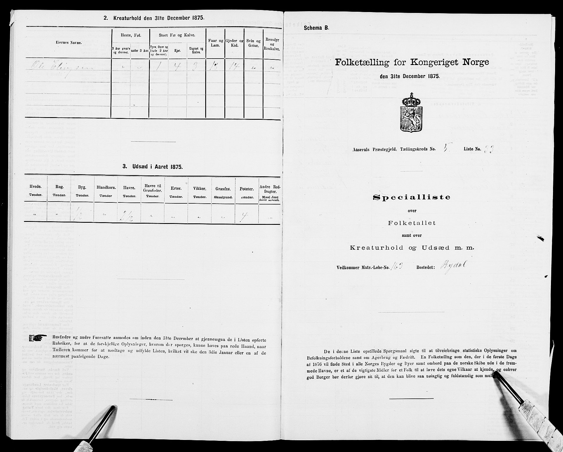 SAK, 1875 census for 0980P Åseral, 1875, p. 415