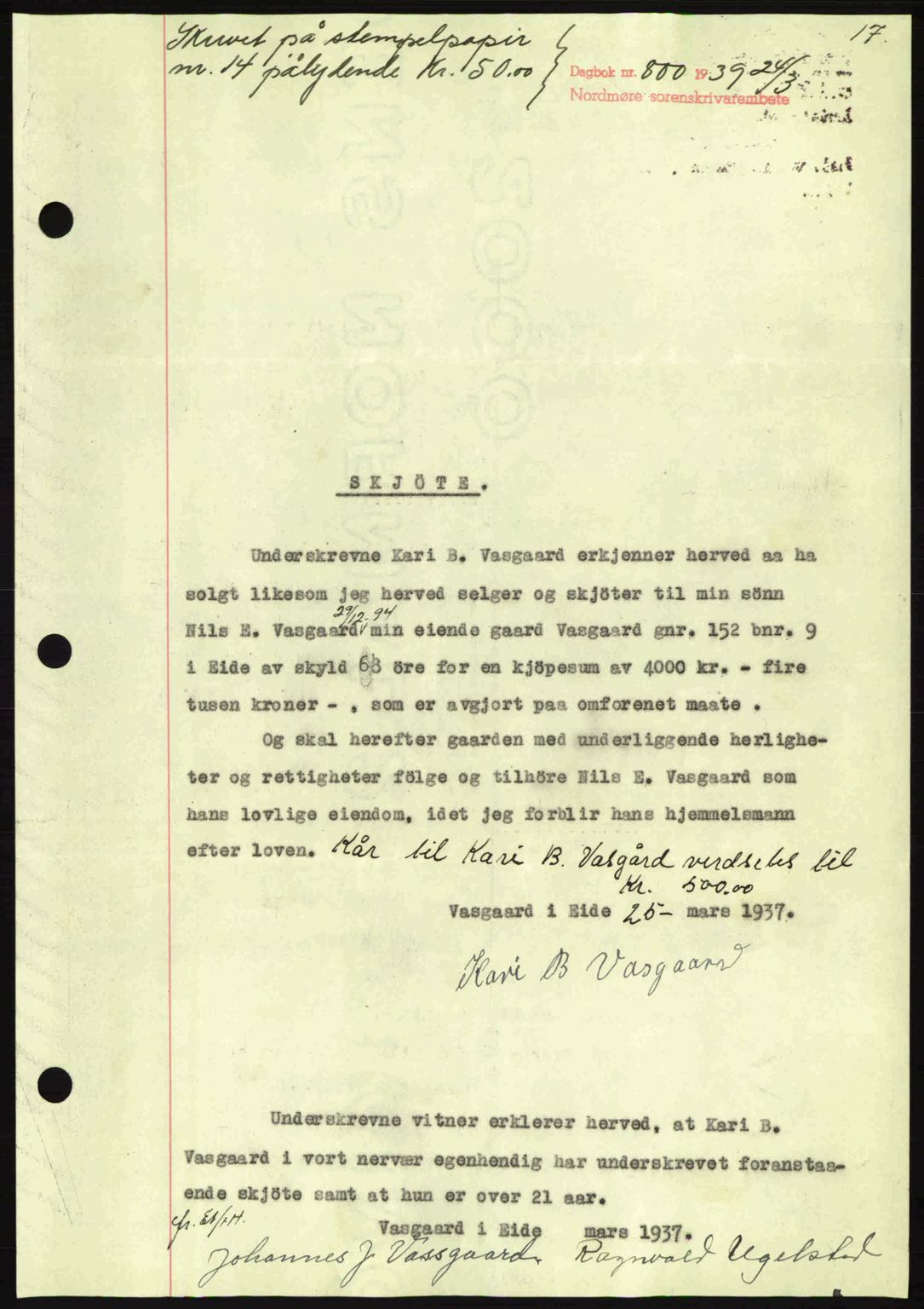 Nordmøre sorenskriveri, SAT/A-4132/1/2/2Ca: Mortgage book no. A86, 1939-1939, Diary no: : 800/1939