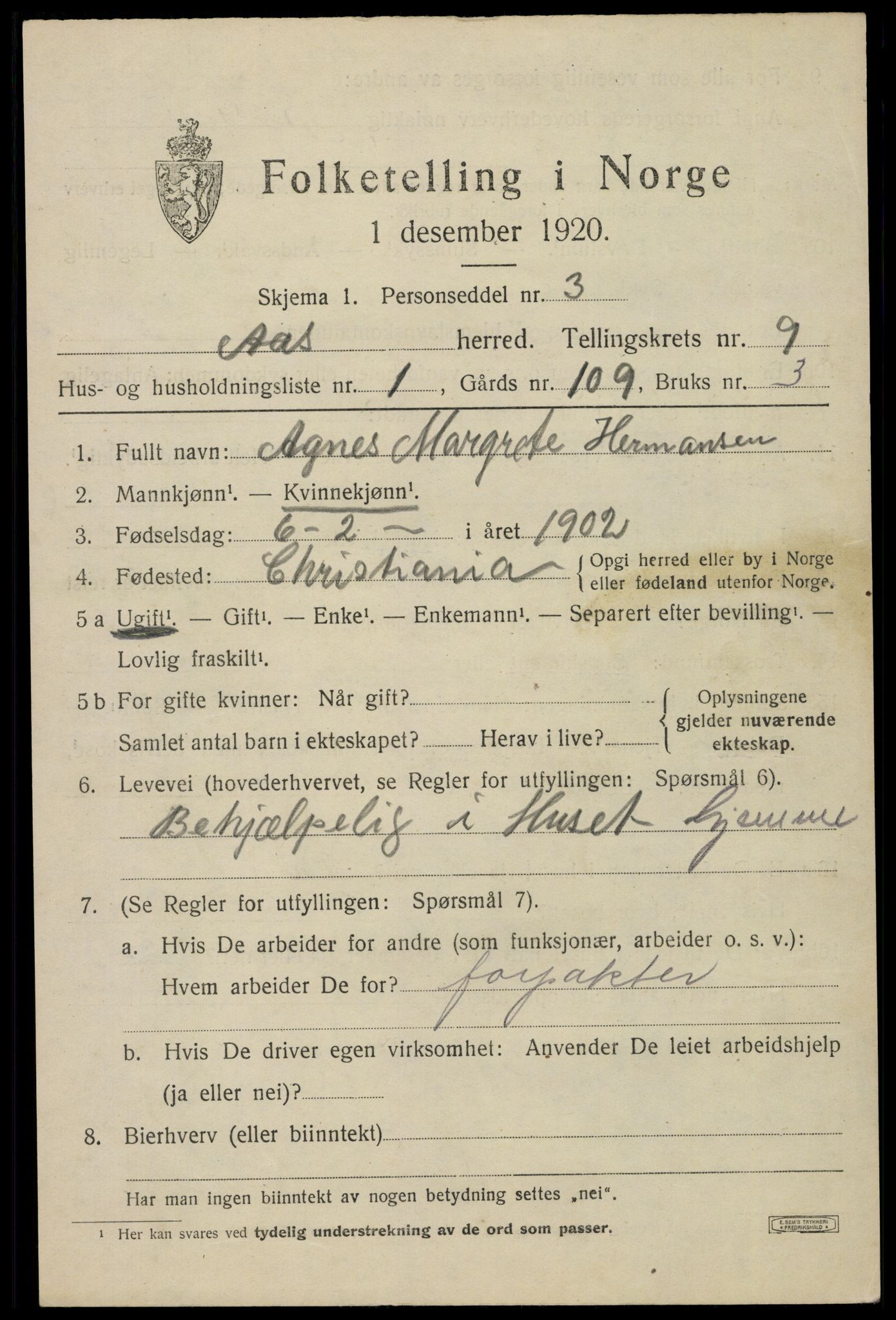 SAO, 1920 census for Ås, 1920, p. 8340