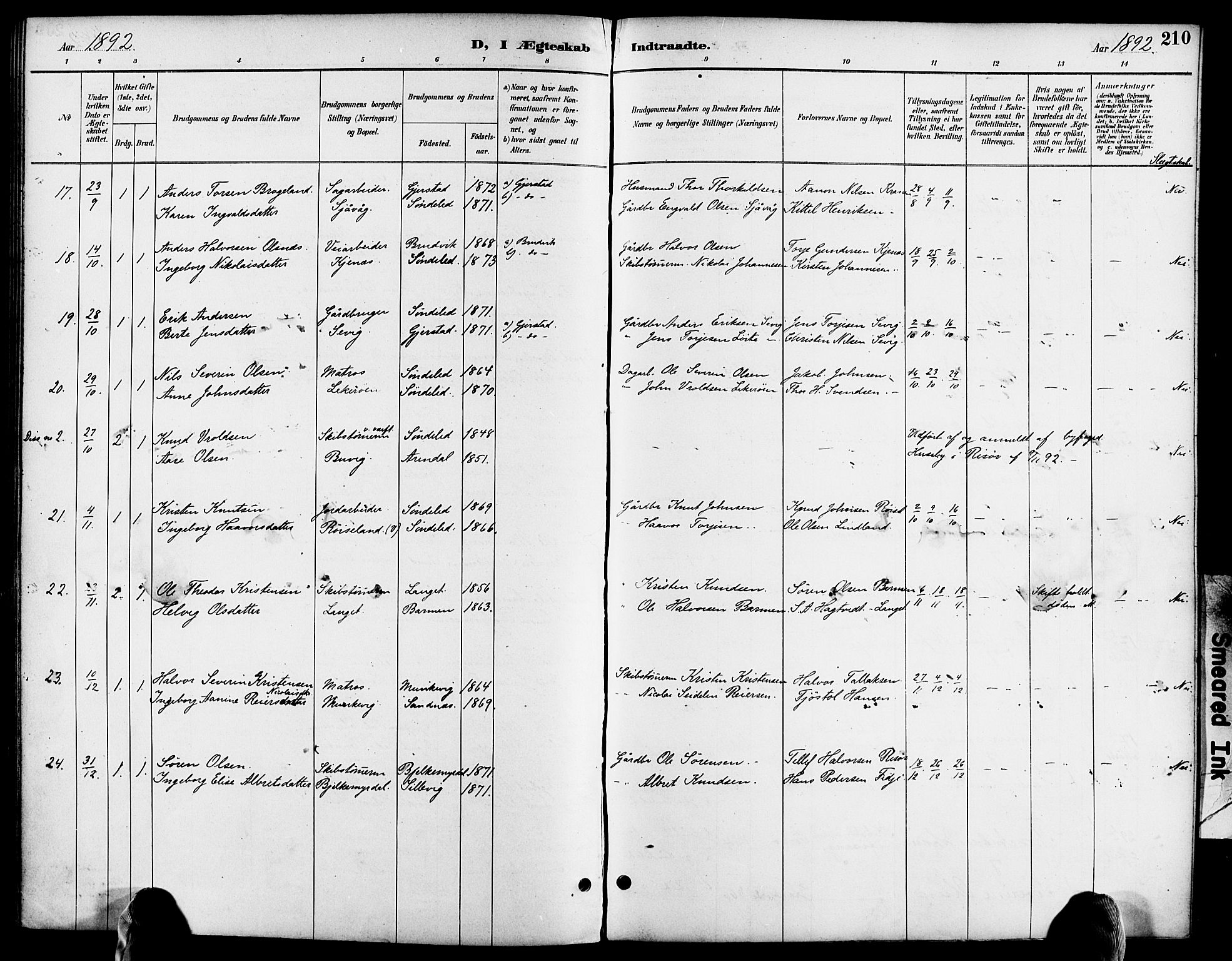 Søndeled sokneprestkontor, AV/SAK-1111-0038/F/Fa/L0005: Parish register (official) no. A 5, 1889-1899, p. 210