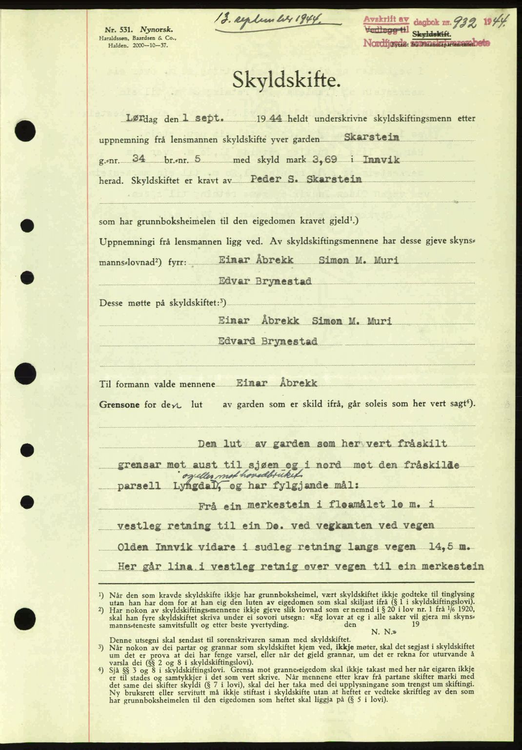 Nordfjord sorenskriveri, AV/SAB-A-2801/02/02b/02bj/L0009a: Mortgage book no. A9 I, 1944-1944, Diary no: : 932/1944