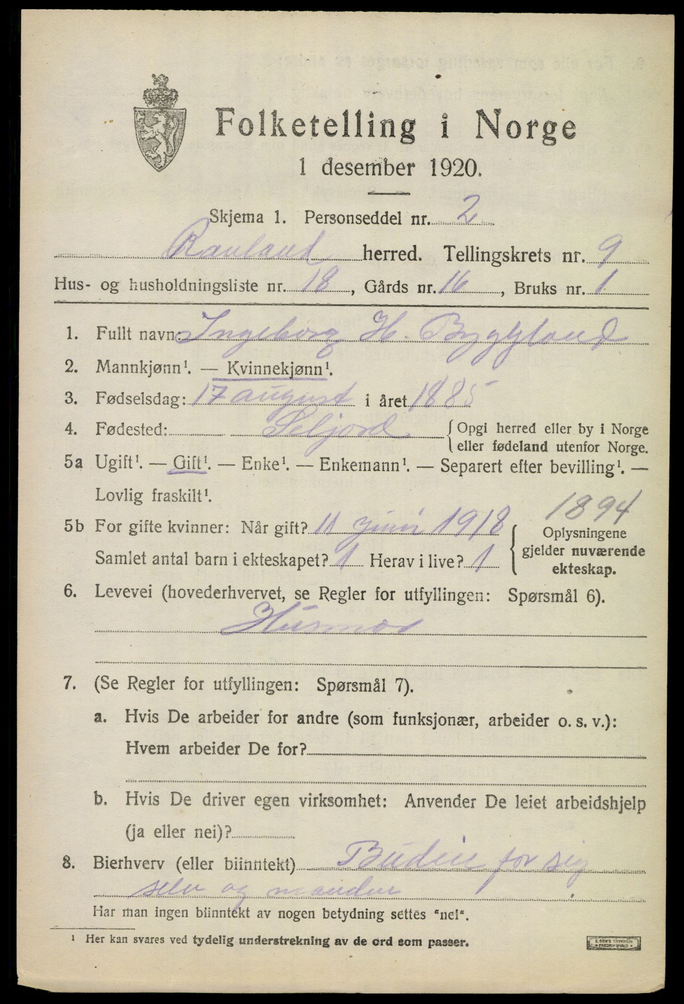 SAKO, 1920 census for Rauland, 1920, p. 2074