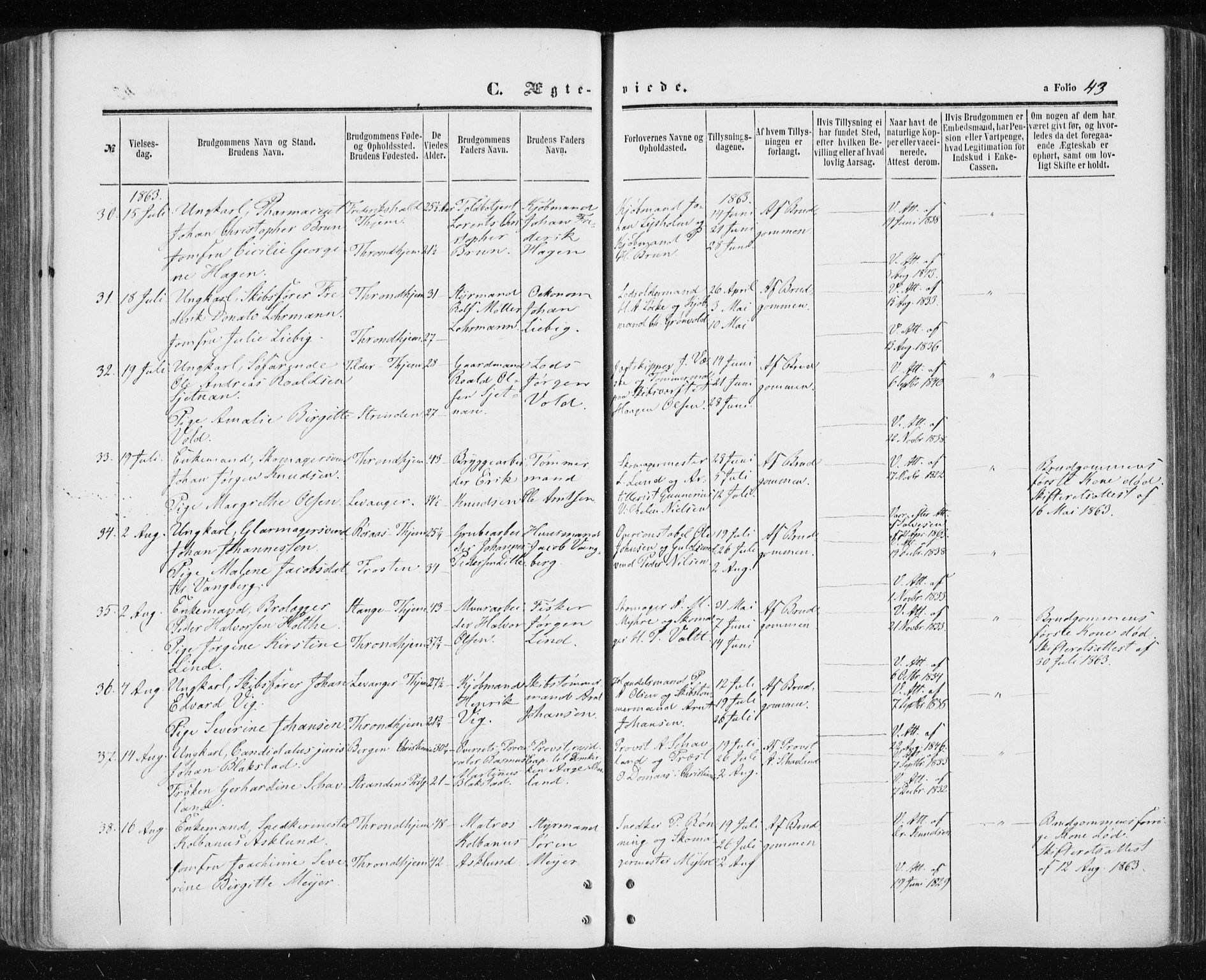 Ministerialprotokoller, klokkerbøker og fødselsregistre - Sør-Trøndelag, AV/SAT-A-1456/601/L0053: Parish register (official) no. 601A21, 1857-1865, p. 43