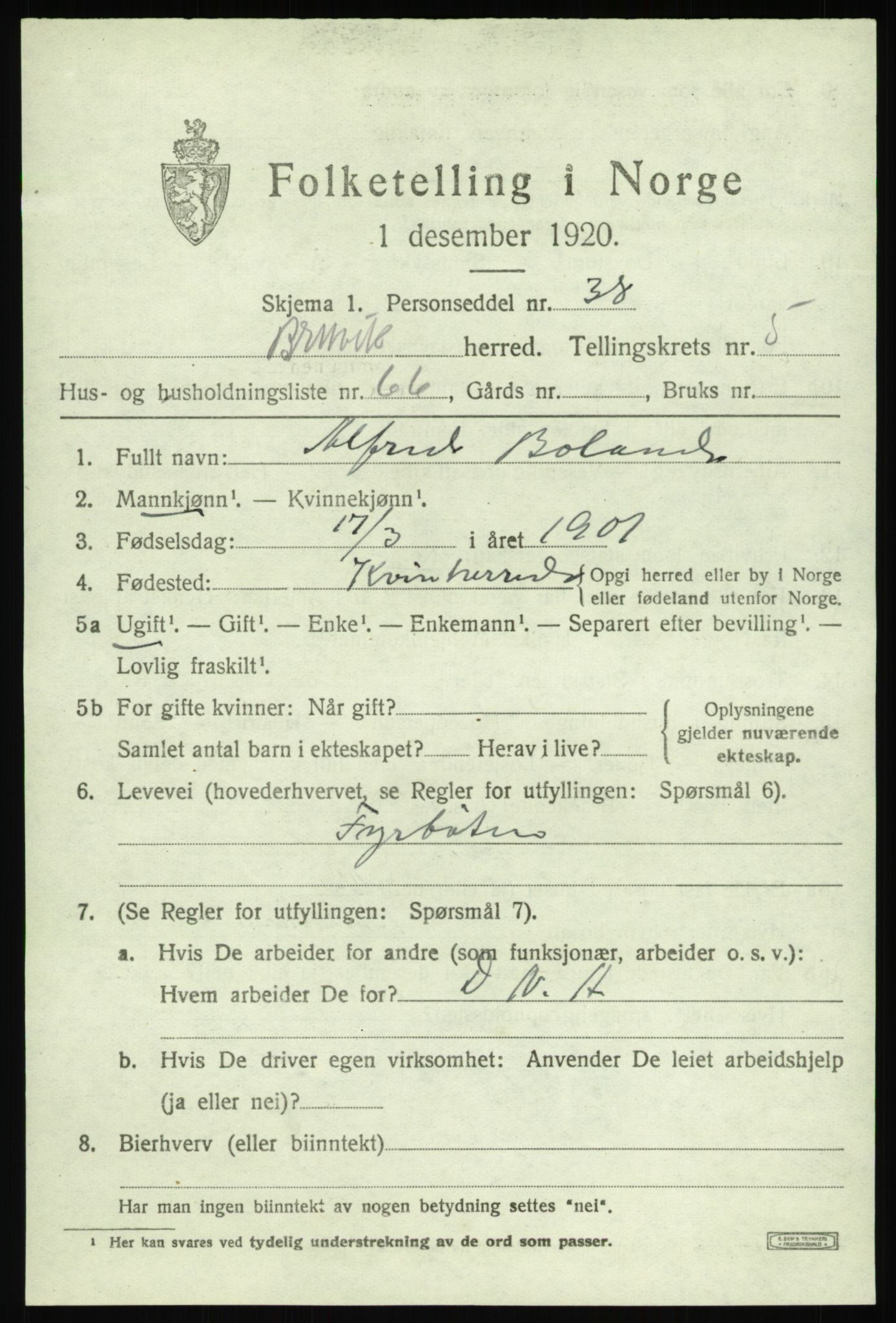 SAB, 1920 census for Bruvik, 1920, p. 3874