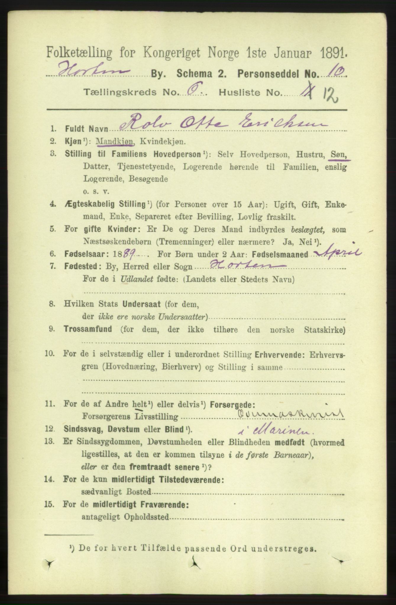 RA, 1891 census for 0703 Horten, 1891, p. 3841