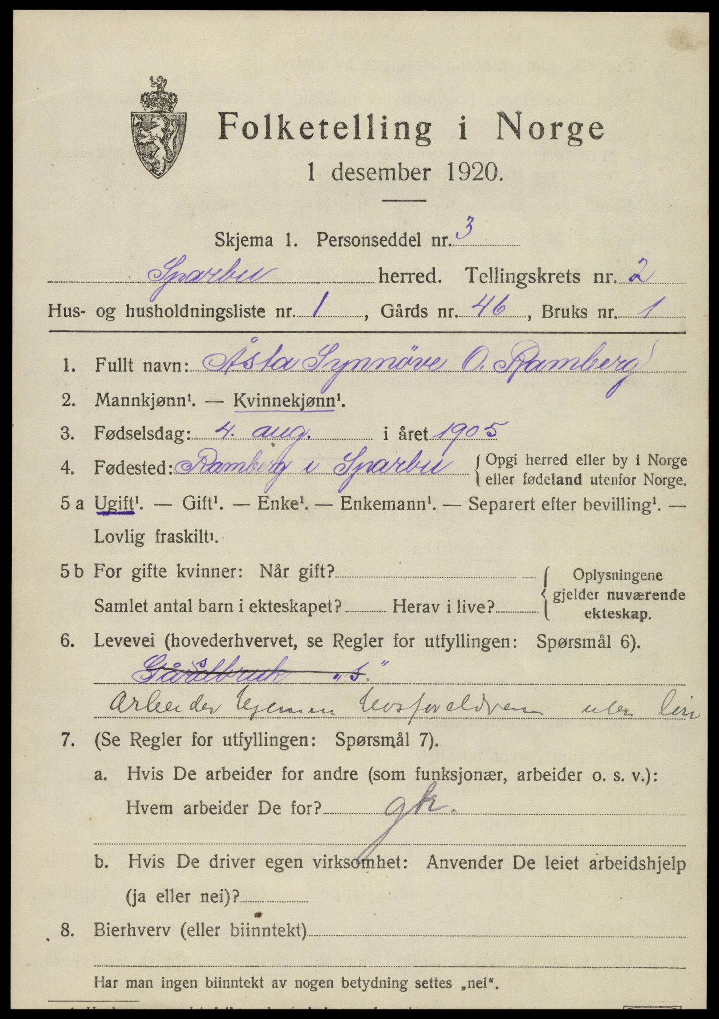 SAT, 1920 census for Sparbu, 1920, p. 3215