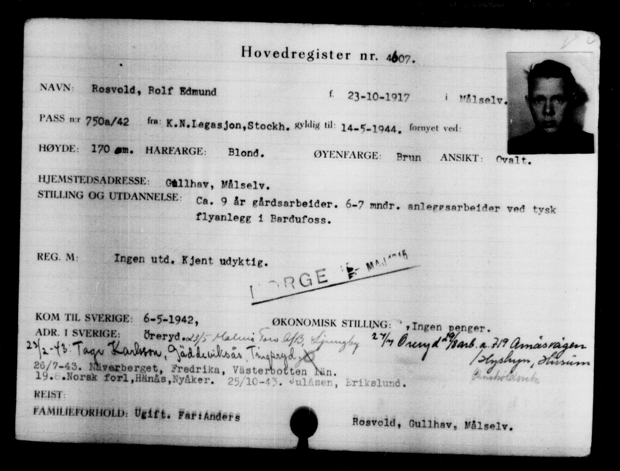 Utenriksstasjonene, Legasjonen i Stockholm, Flyktningkontoret, AV/RA-S-6753/V/Va/L0004: Kjesäterkartoteket, flyktninger med registreringsnr. 3496-6610, 1940-1945, p. 1318