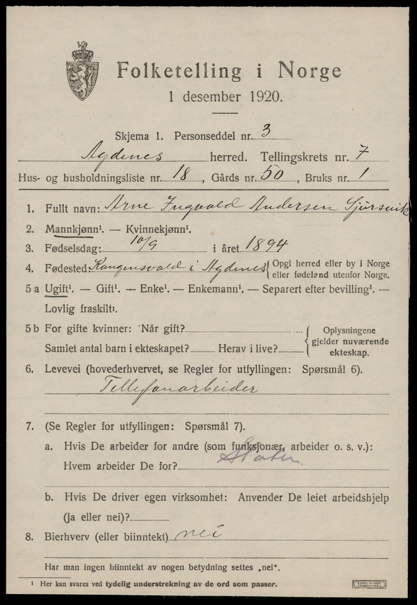 SAT, 1920 census for Agdenes, 1920, p. 2893