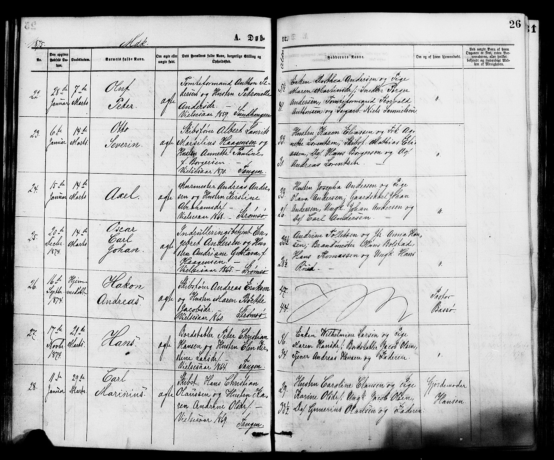 Strømsø kirkebøker, AV/SAKO-A-246/F/Fa/L0019: Parish register (official) no. I 19, 1874-1877, p. 26