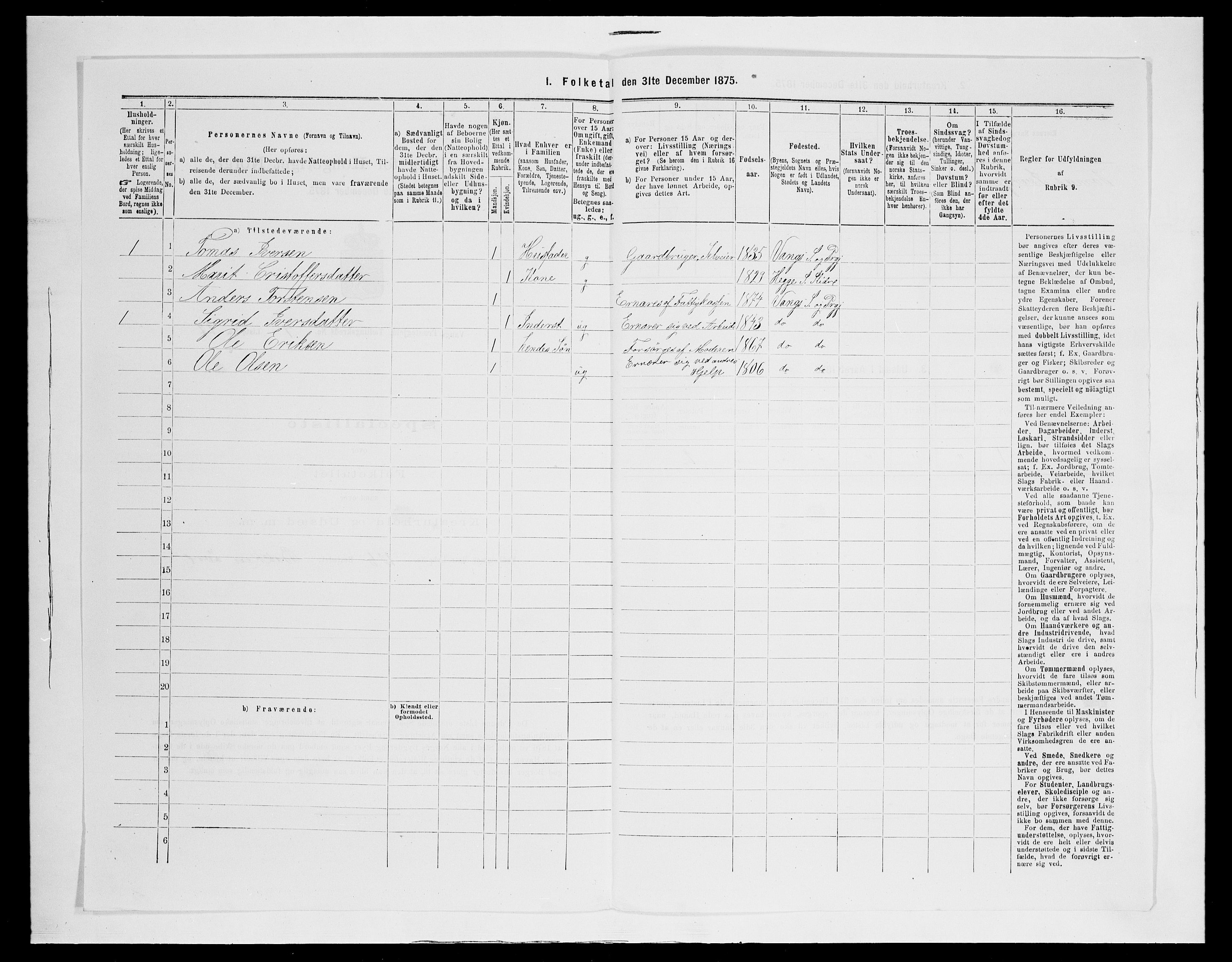 SAH, 1875 census for 0545P Vang, 1875, p. 398