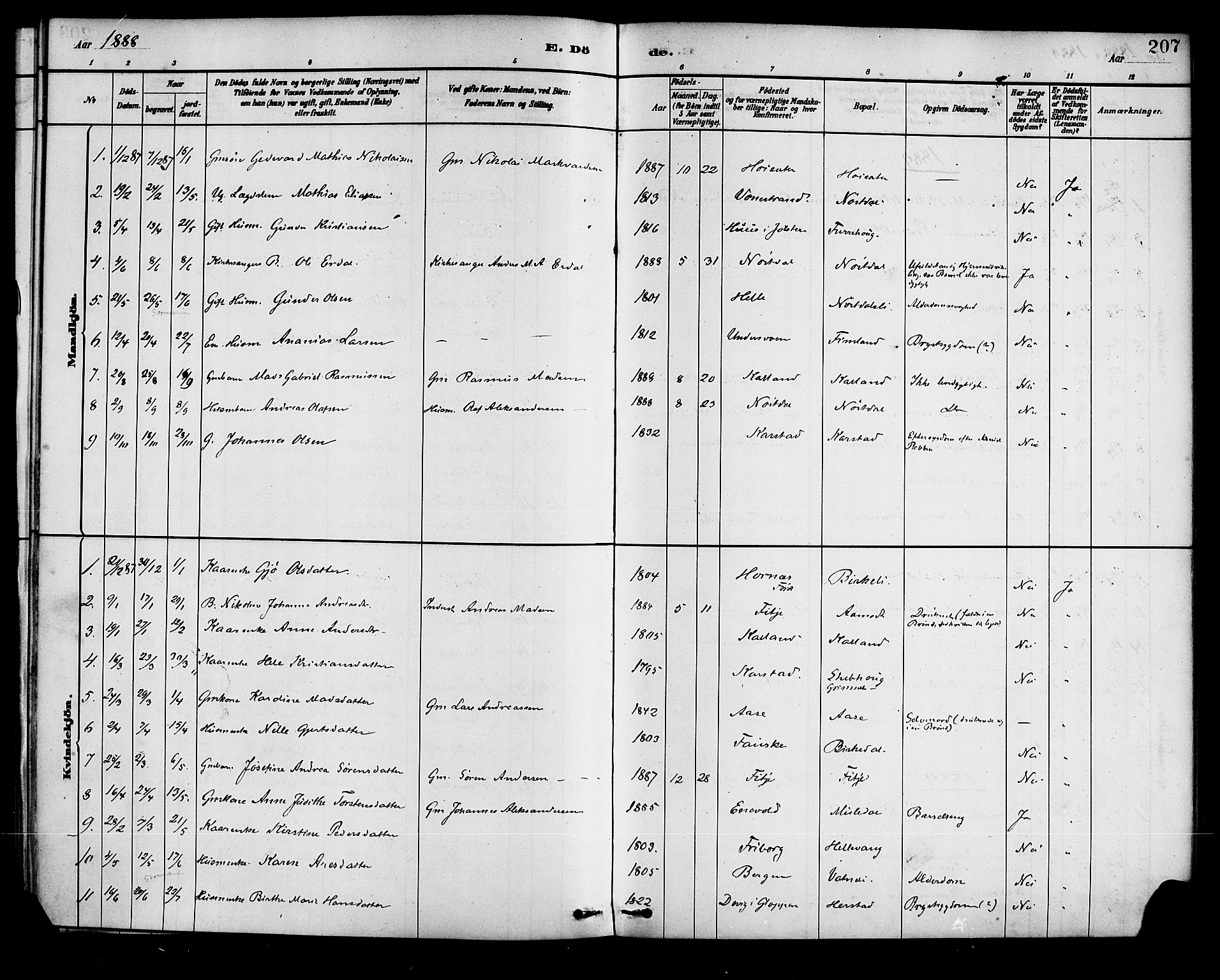 Førde sokneprestembete, SAB/A-79901/H/Haa/Haad/L0001: Parish register (official) no. D 1, 1881-1898, p. 207