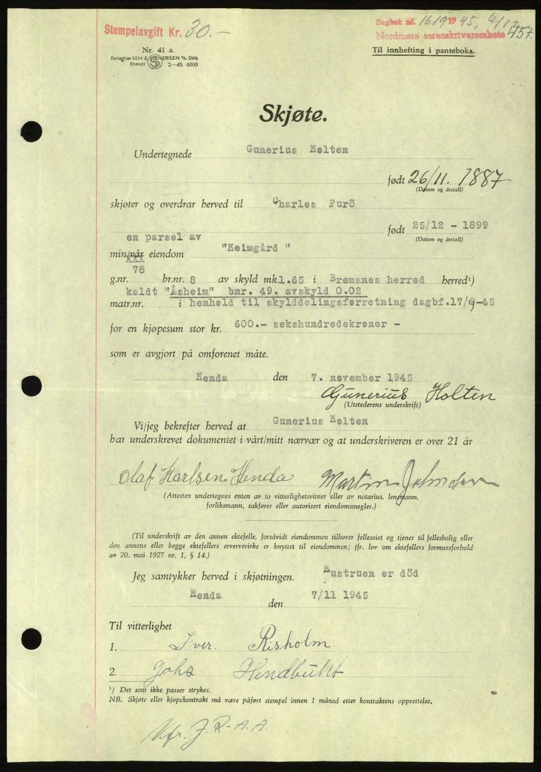 Nordmøre sorenskriveri, AV/SAT-A-4132/1/2/2Ca: Mortgage book no. A100a, 1945-1945, Diary no: : 1619/1945