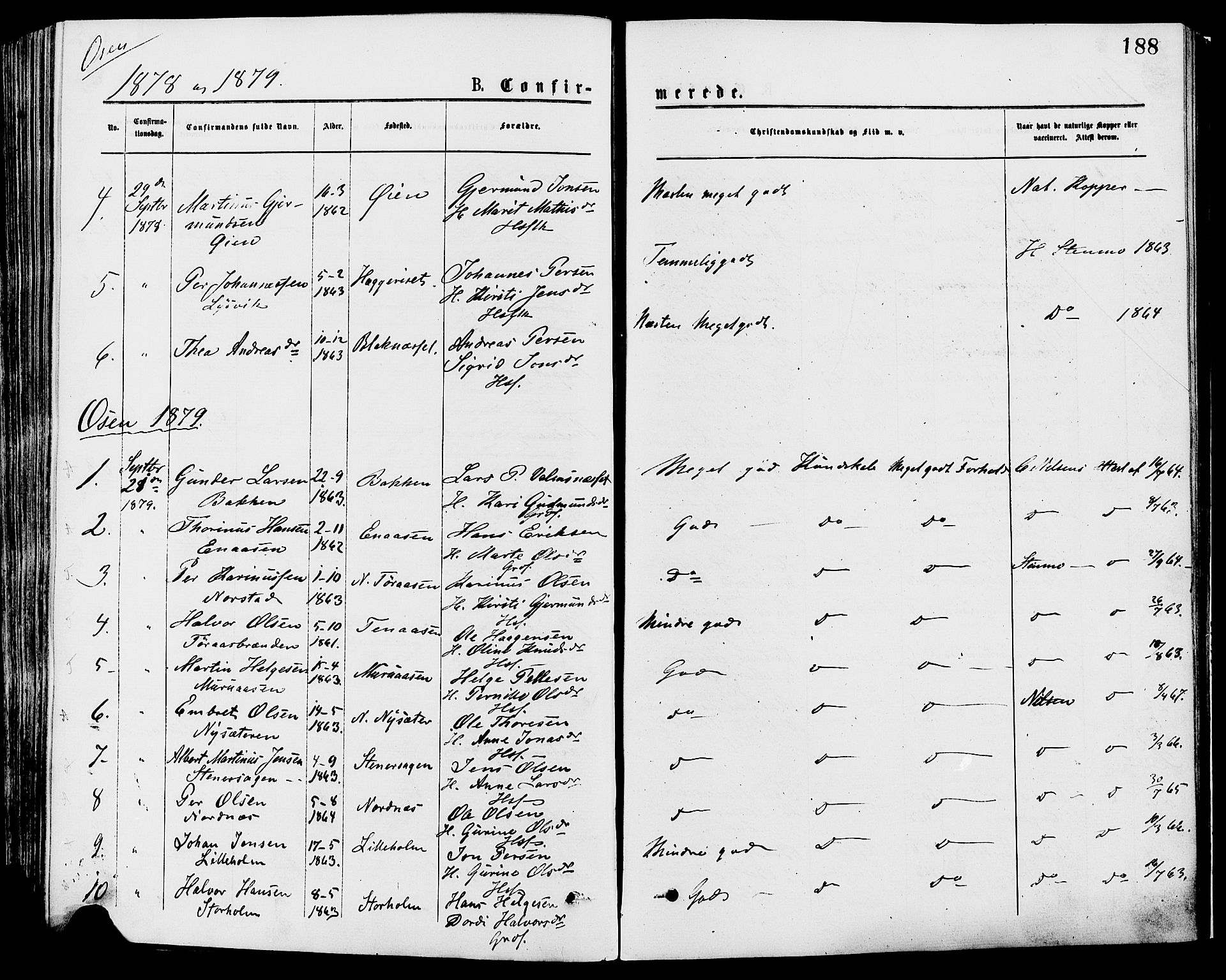 Trysil prestekontor, AV/SAH-PREST-046/H/Ha/Haa/L0007: Parish register (official) no. 7, 1874-1880, p. 188