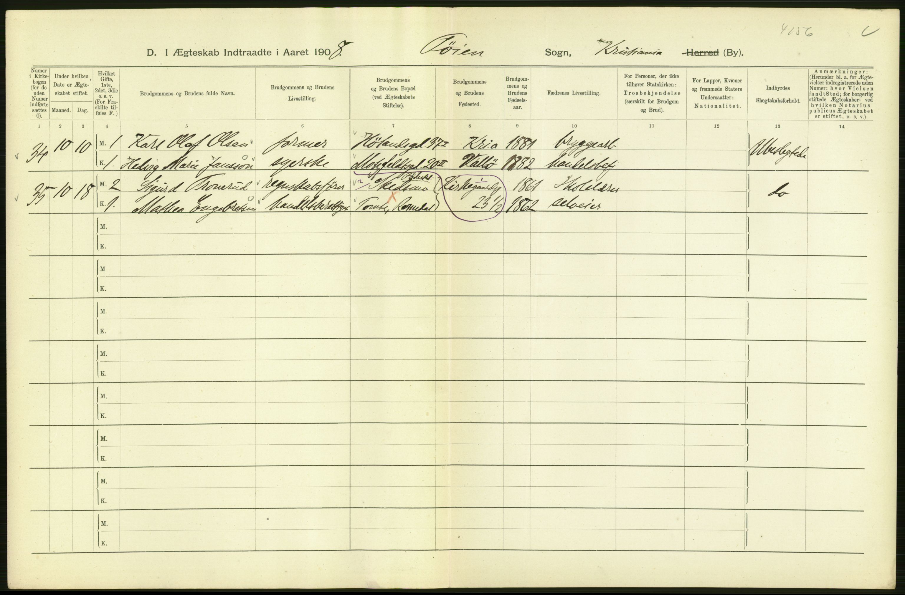 Statistisk sentralbyrå, Sosiodemografiske emner, Befolkning, AV/RA-S-2228/D/Df/Dfa/Dfaf/L0007: Kristiania: Gifte, 1908, p. 90