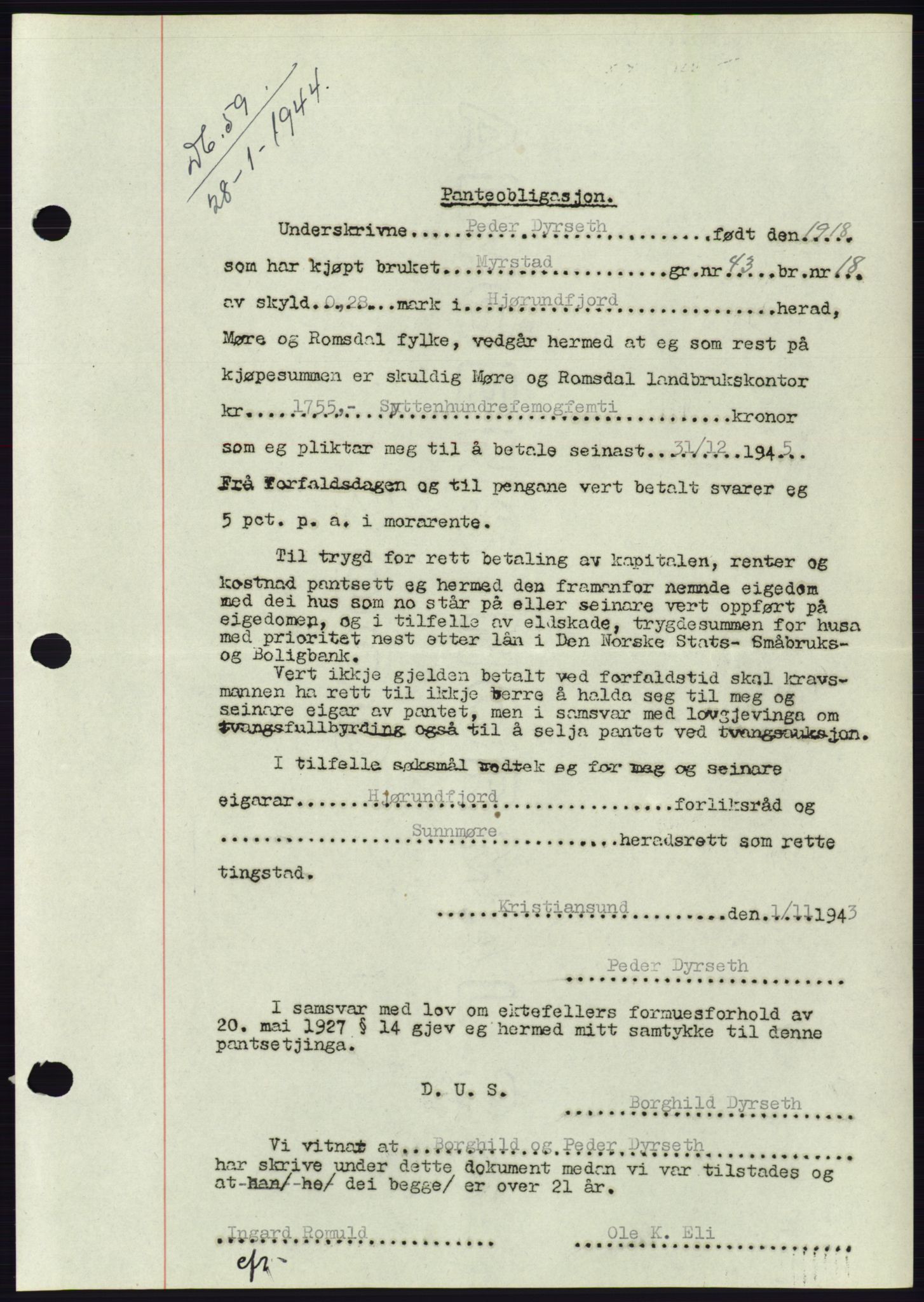 Søre Sunnmøre sorenskriveri, AV/SAT-A-4122/1/2/2C/L0114: Mortgage book no. 1-2B, 1943-1947, Diary no: : 59/1944