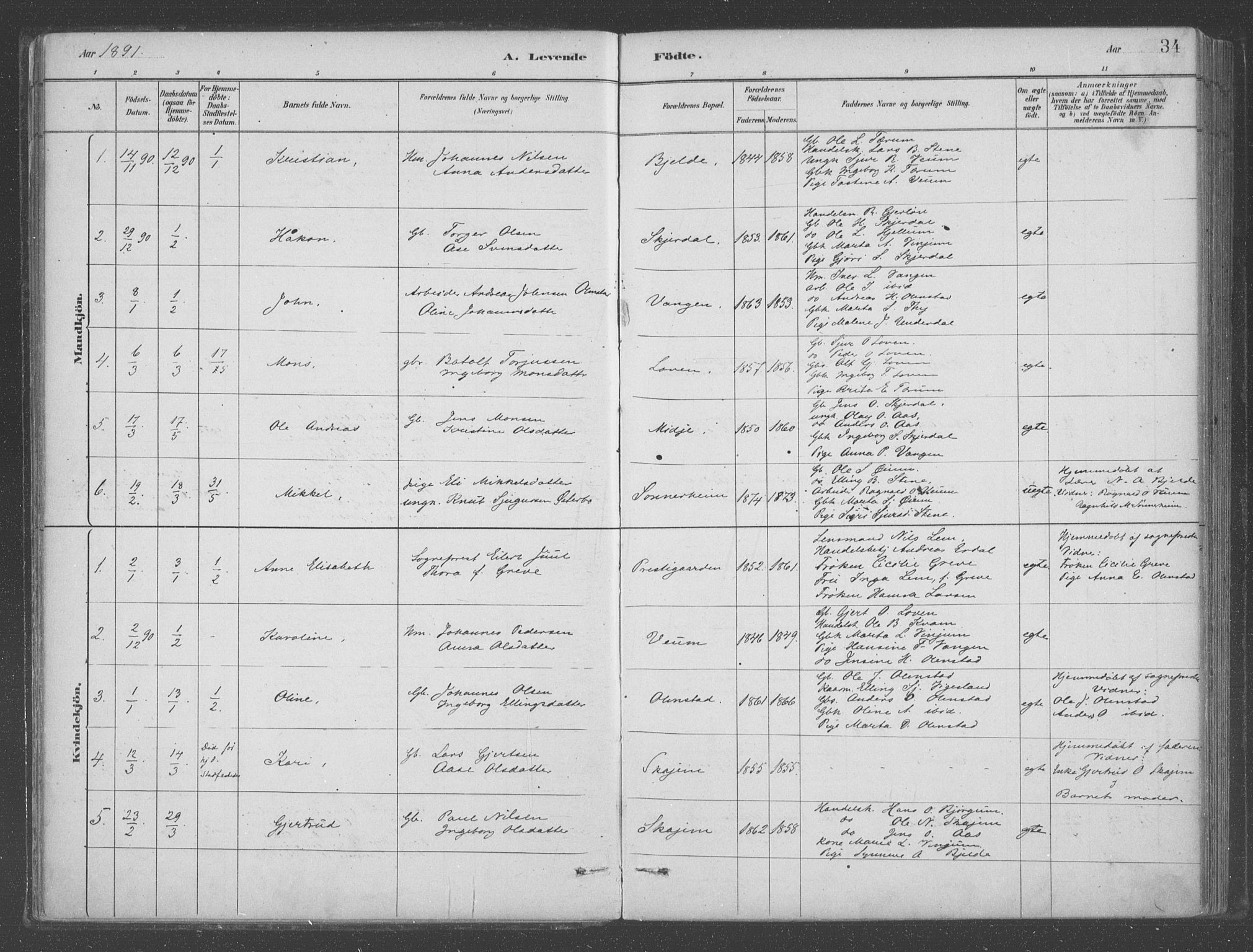 Aurland sokneprestembete, AV/SAB-A-99937/H/Ha/Hab/L0001: Parish register (official) no. B  1, 1880-1909, p. 34