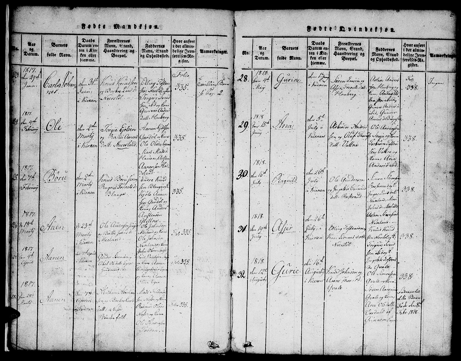 Hægebostad sokneprestkontor, SAK/1111-0024/F/Fb/Fbb/L0001: Parish register (copy) no. B 1, 1816-1850, p. 6