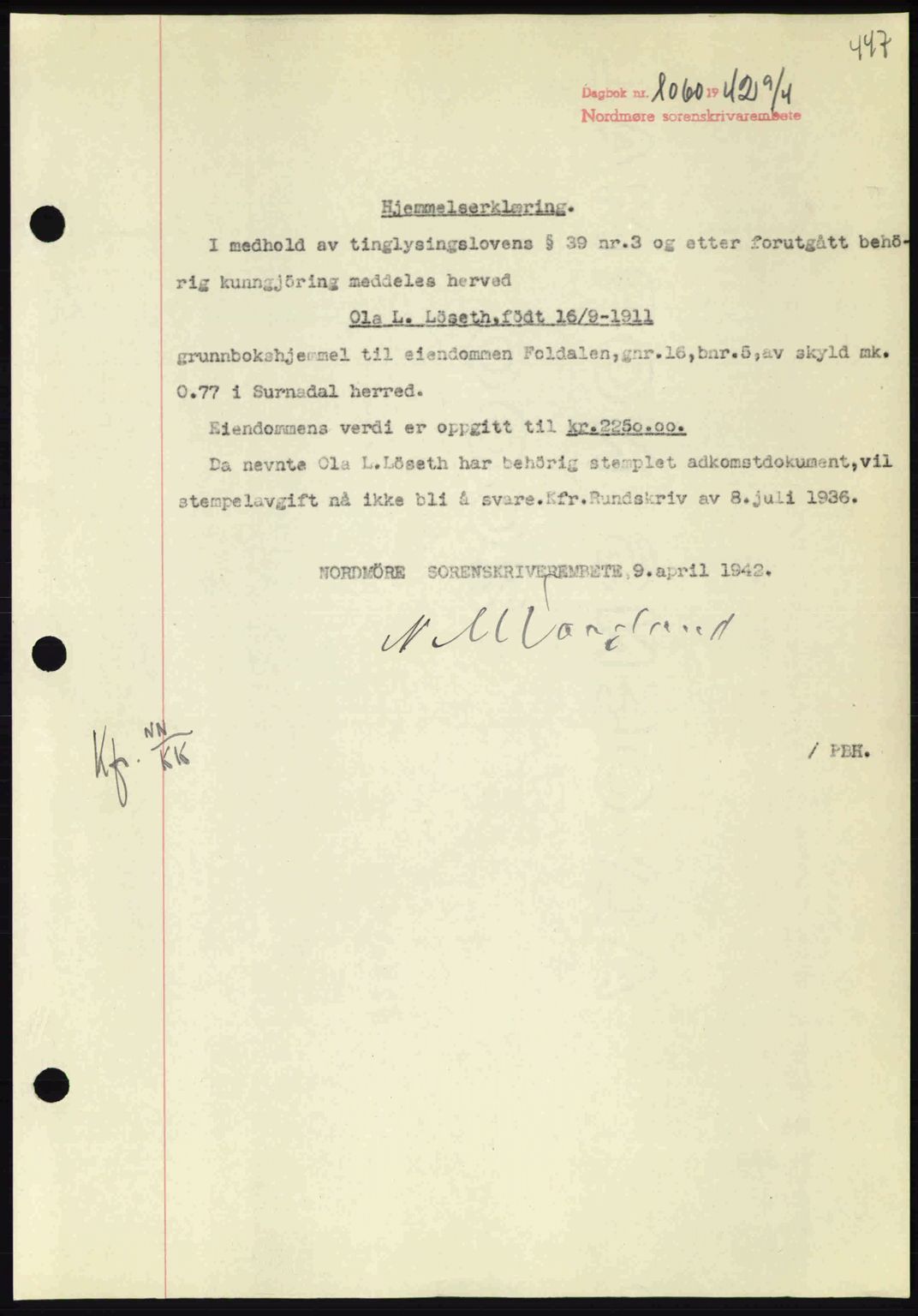 Nordmøre sorenskriveri, AV/SAT-A-4132/1/2/2Ca: Mortgage book no. A92, 1942-1942, Diary no: : 1060/1942