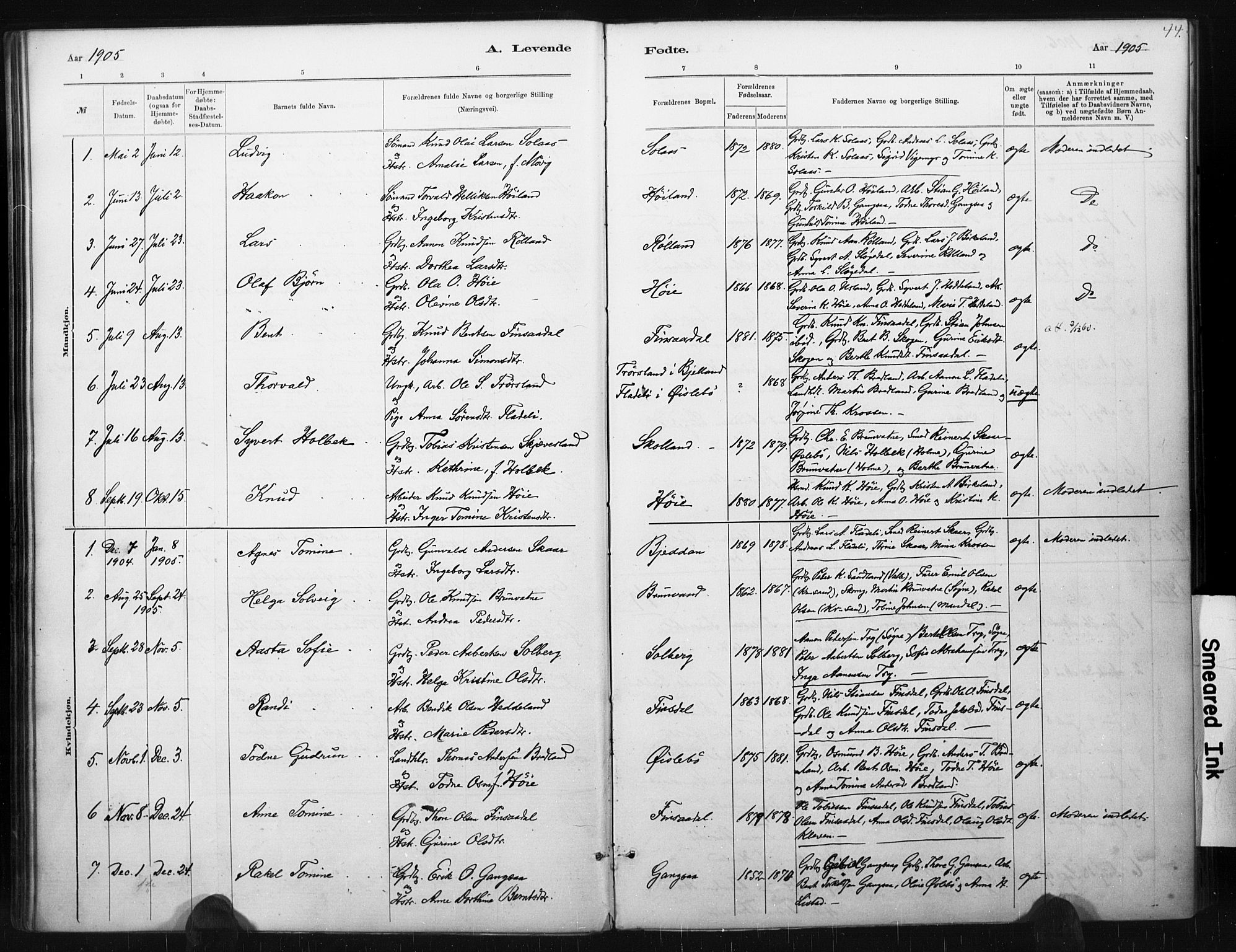 Holum sokneprestkontor, AV/SAK-1111-0022/F/Fa/Fac/L0004: Parish register (official) no. A 4, 1884-1907, p. 44