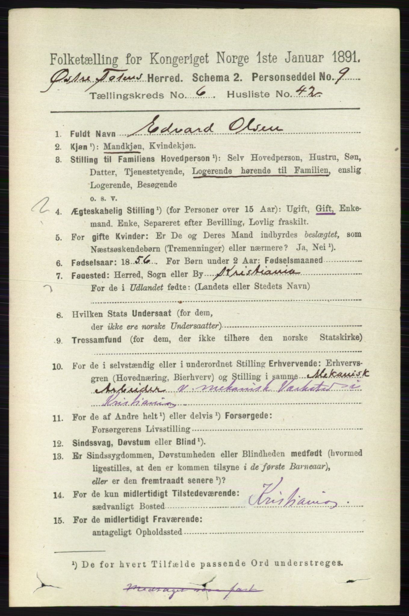 RA, 1891 census for 0528 Østre Toten, 1891, p. 4043