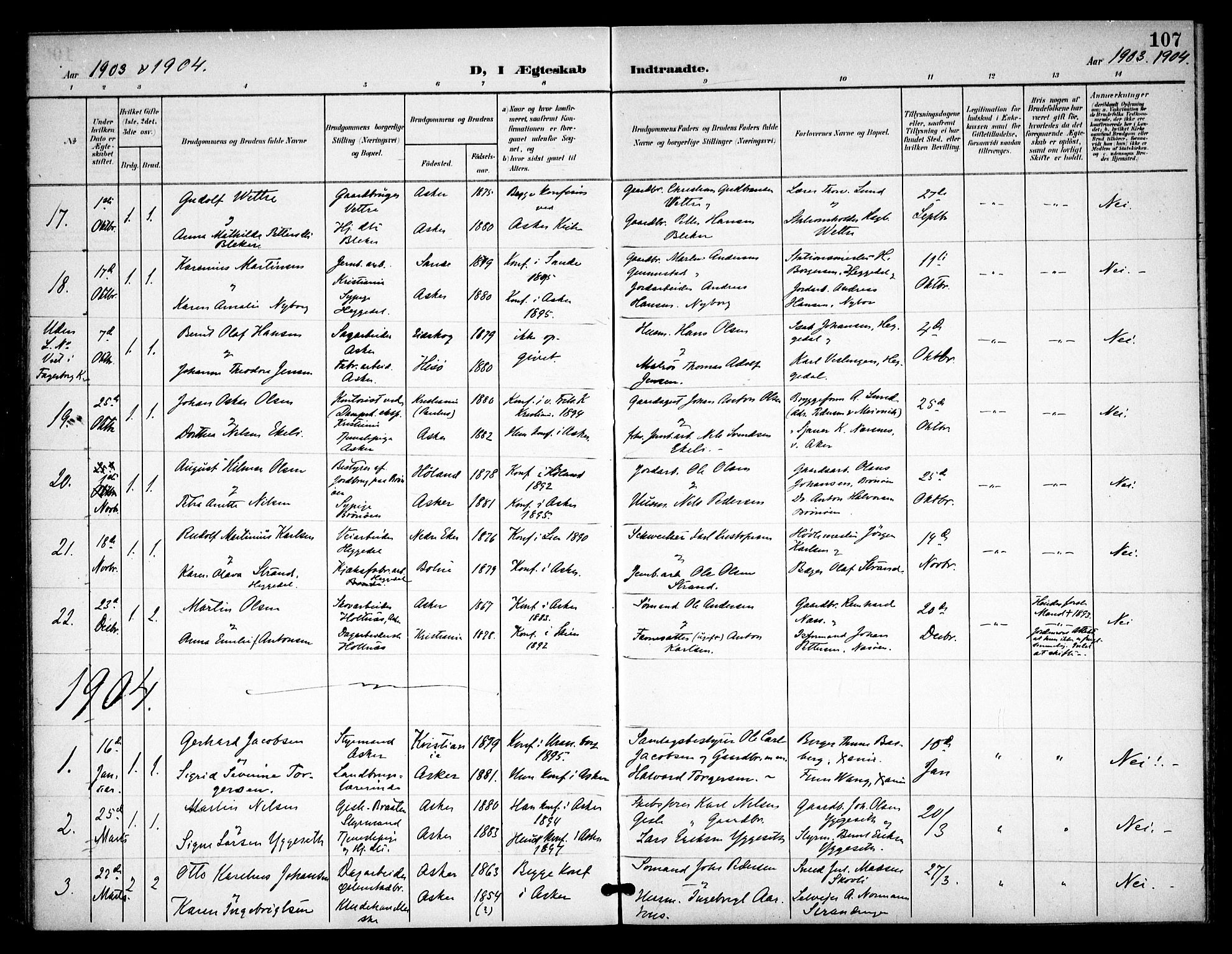 Asker prestekontor Kirkebøker, SAO/A-10256a/F/Fa/L0016: Parish register (official) no. I 16, 1900-1917, p. 107