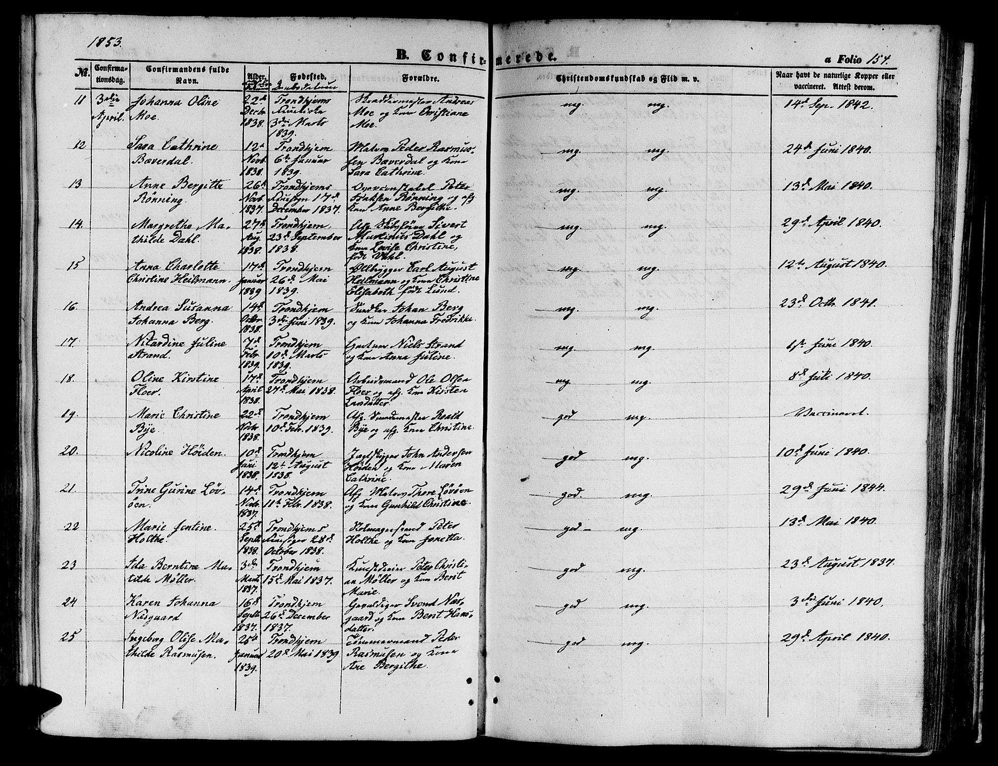 Ministerialprotokoller, klokkerbøker og fødselsregistre - Sør-Trøndelag, SAT/A-1456/602/L0138: Parish register (copy) no. 602C06, 1853-1858, p. 154