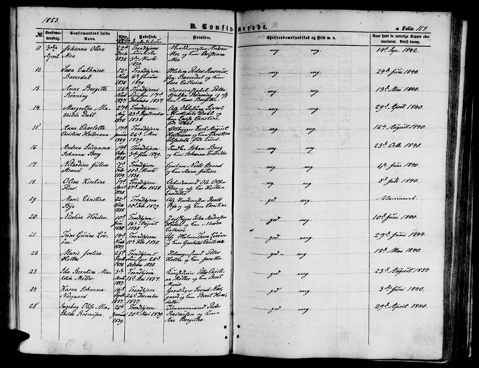 Ministerialprotokoller, klokkerbøker og fødselsregistre - Sør-Trøndelag, AV/SAT-A-1456/602/L0138: Parish register (copy) no. 602C06, 1853-1858, p. 154