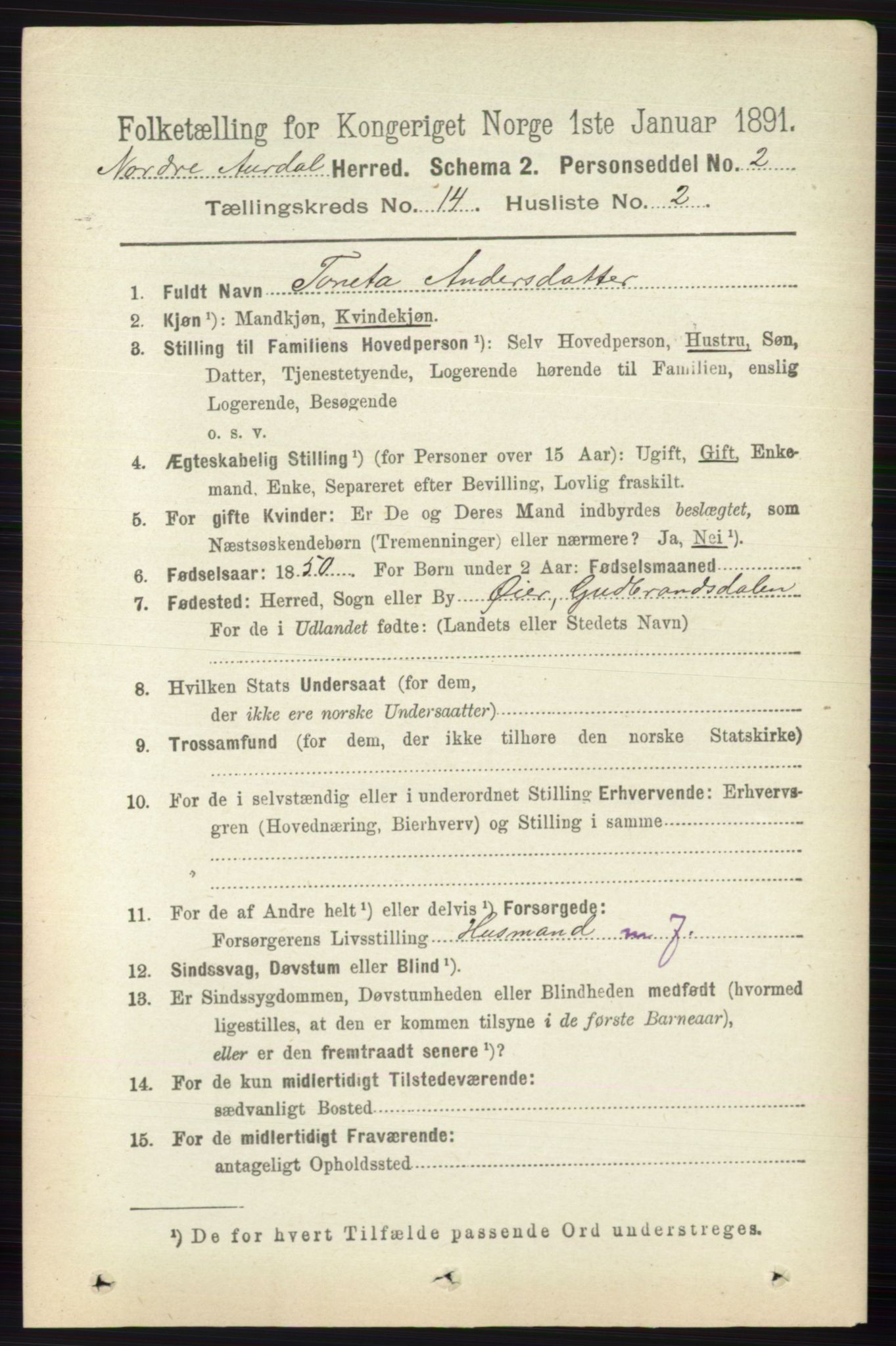 RA, 1891 census for 0542 Nord-Aurdal, 1891, p. 5217