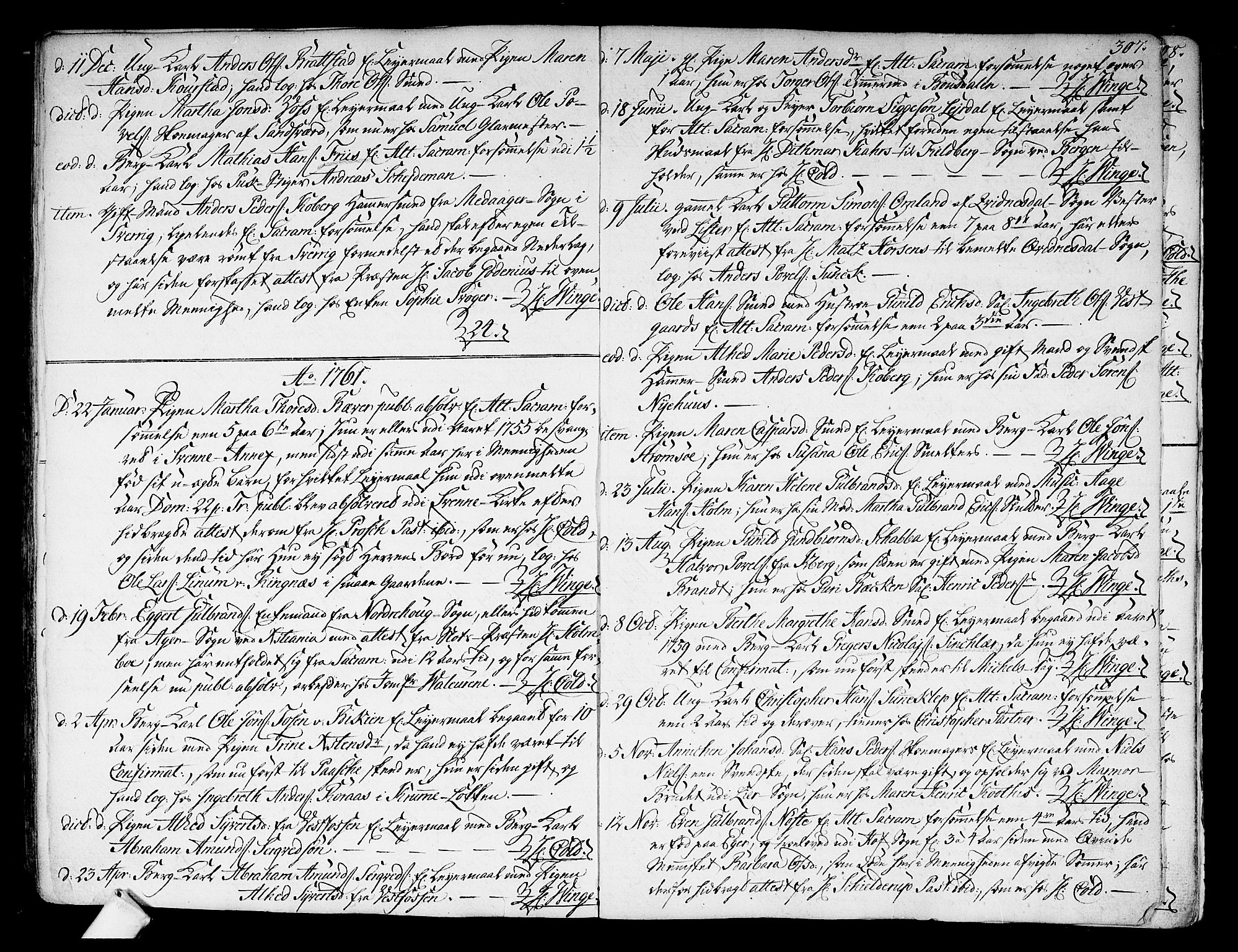 Kongsberg kirkebøker, SAKO/A-22/F/Fa/L0004: Parish register (official) no. I 4, 1756-1768, p. 307