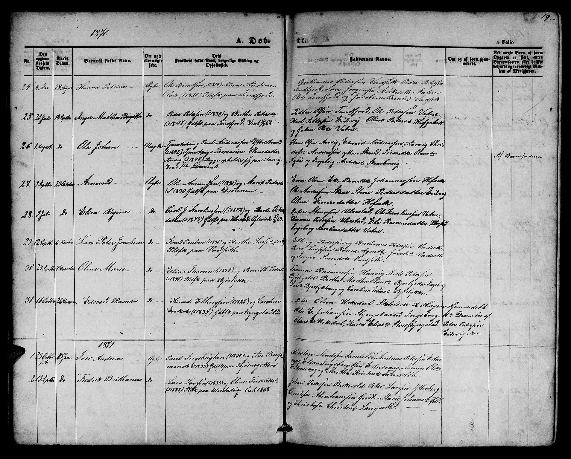 Ministerialprotokoller, klokkerbøker og fødselsregistre - Møre og Romsdal, SAT/A-1454/525/L0375: Parish register (copy) no. 525C01, 1865-1879, p. 19