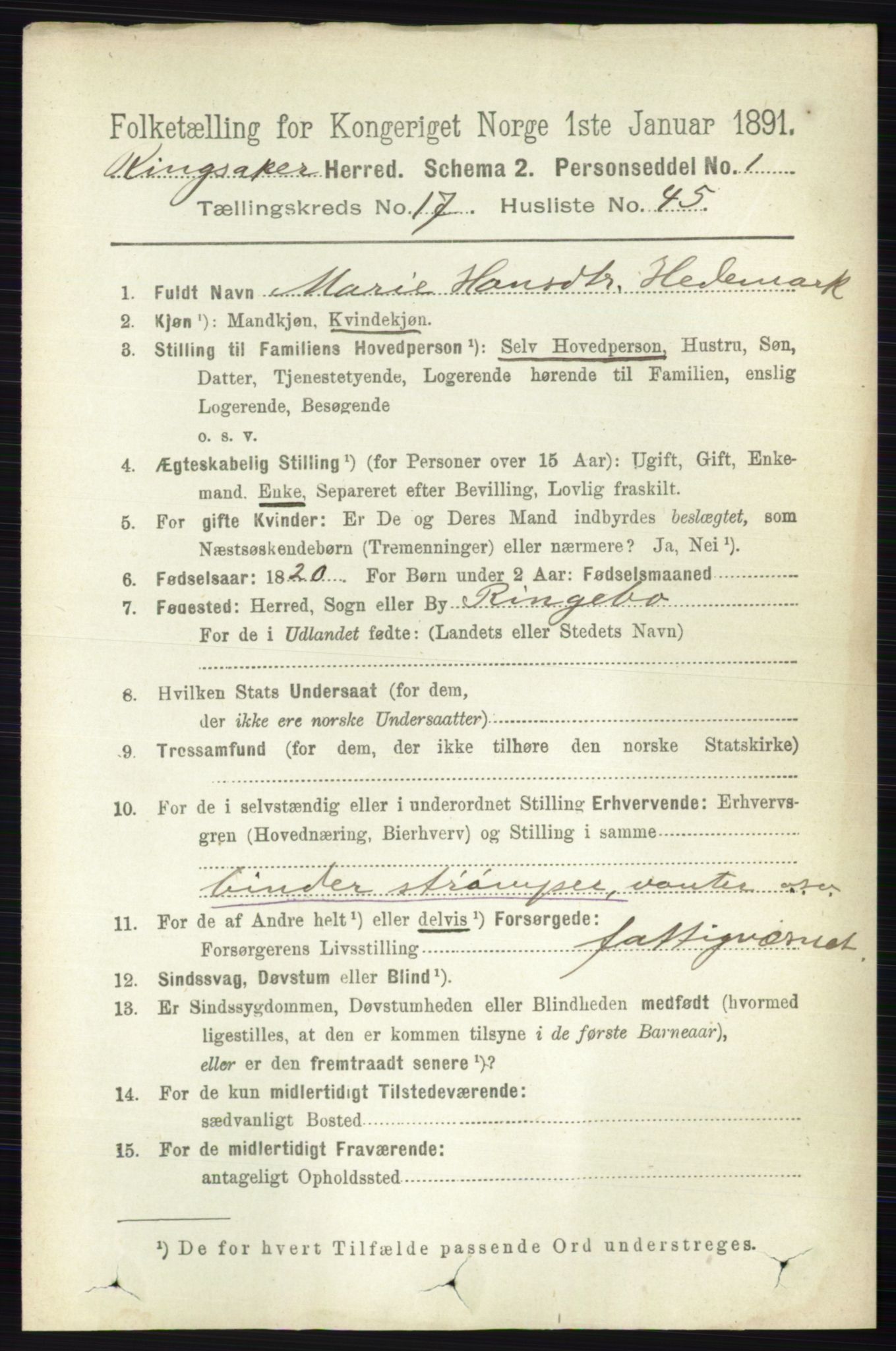 RA, 1891 census for 0412 Ringsaker, 1891, p. 10036