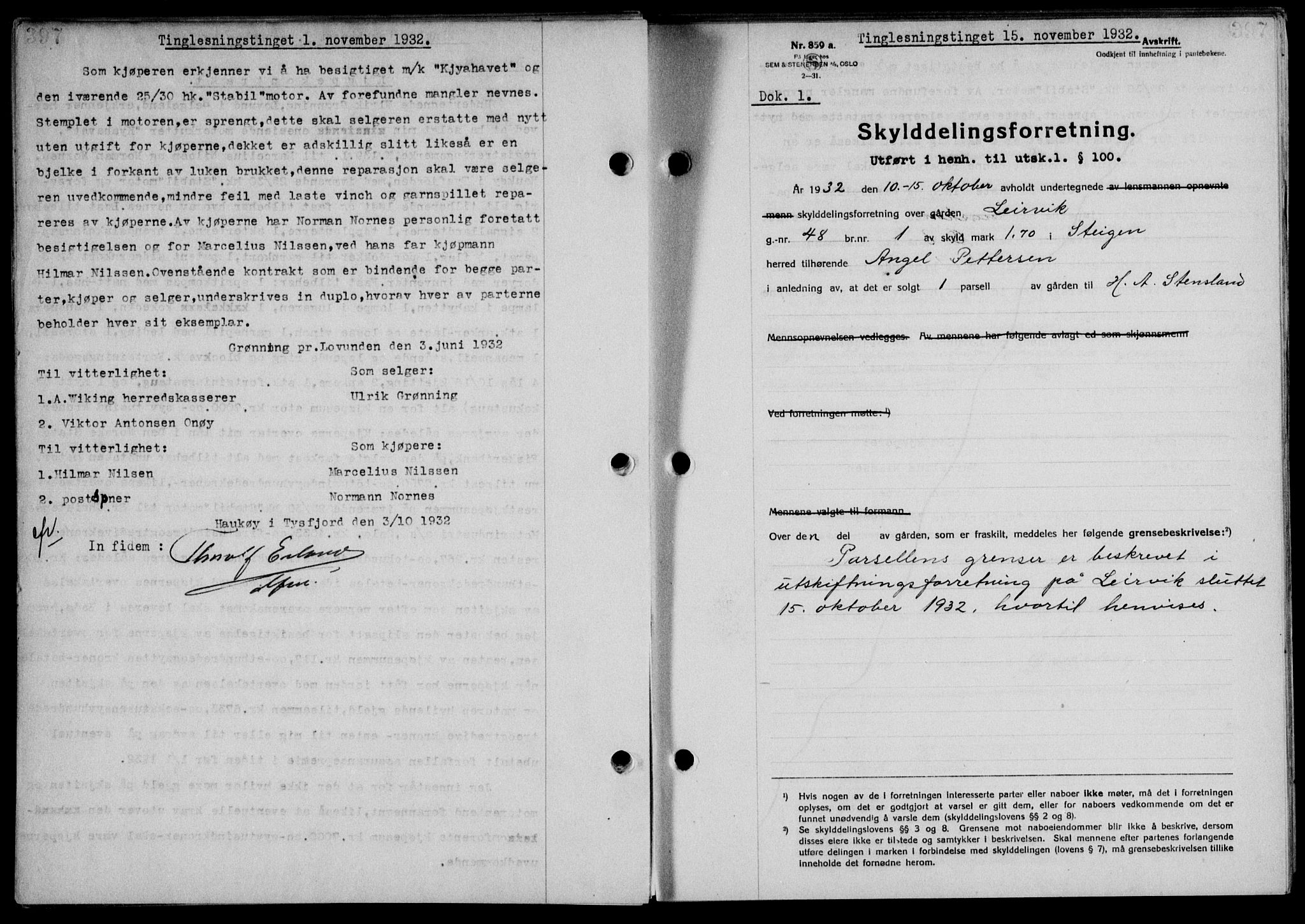 Steigen og Ofoten sorenskriveri, SAT/A-0030/1/2/2C/L0022/0001: Mortgage book no. 25-II og 26-I, 1932-1933, Deed date: 15.11.1932