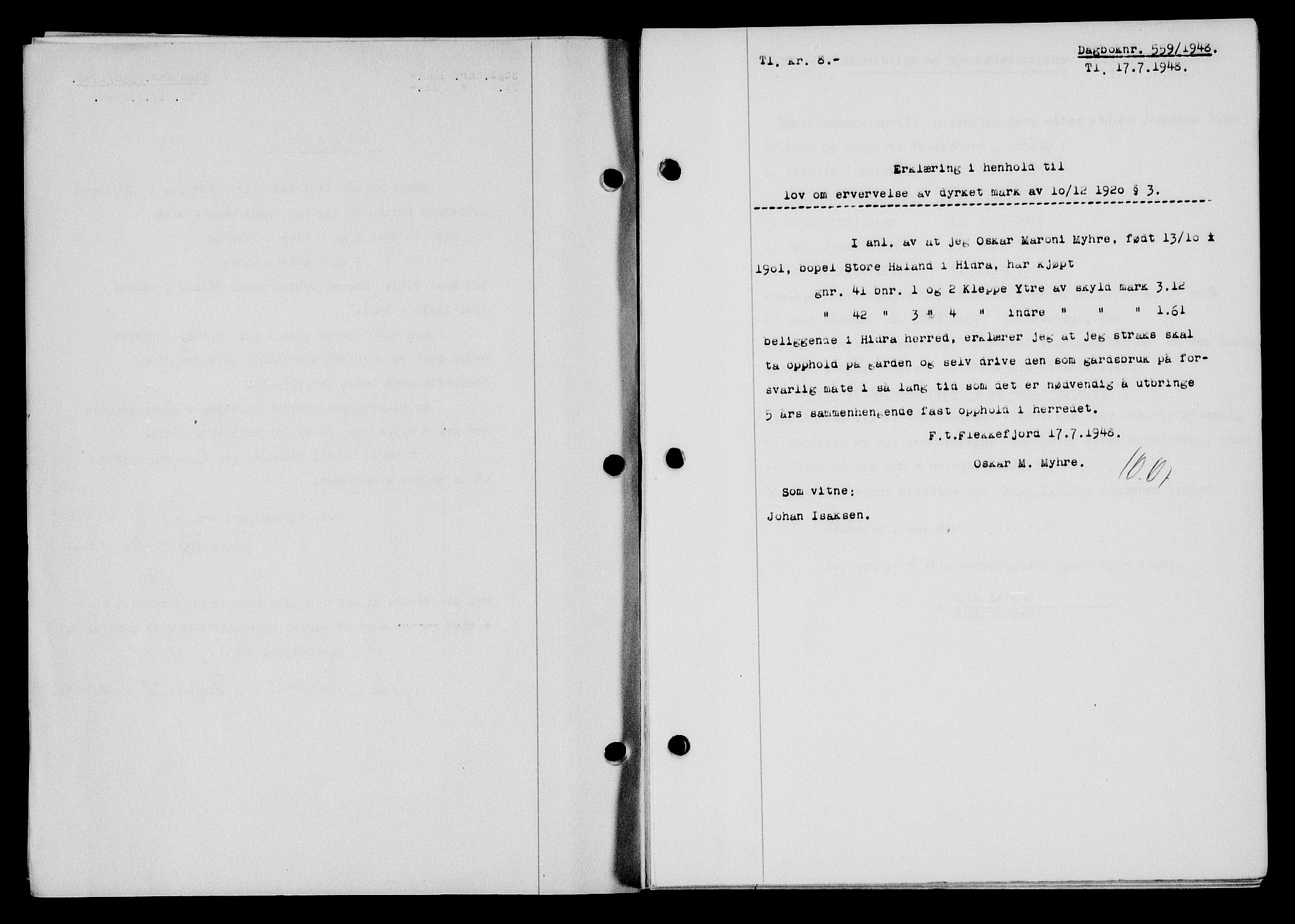 Flekkefjord sorenskriveri, SAK/1221-0001/G/Gb/Gba/L0064: Mortgage book no. A-12, 1948-1949, Diary no: : 559/1948