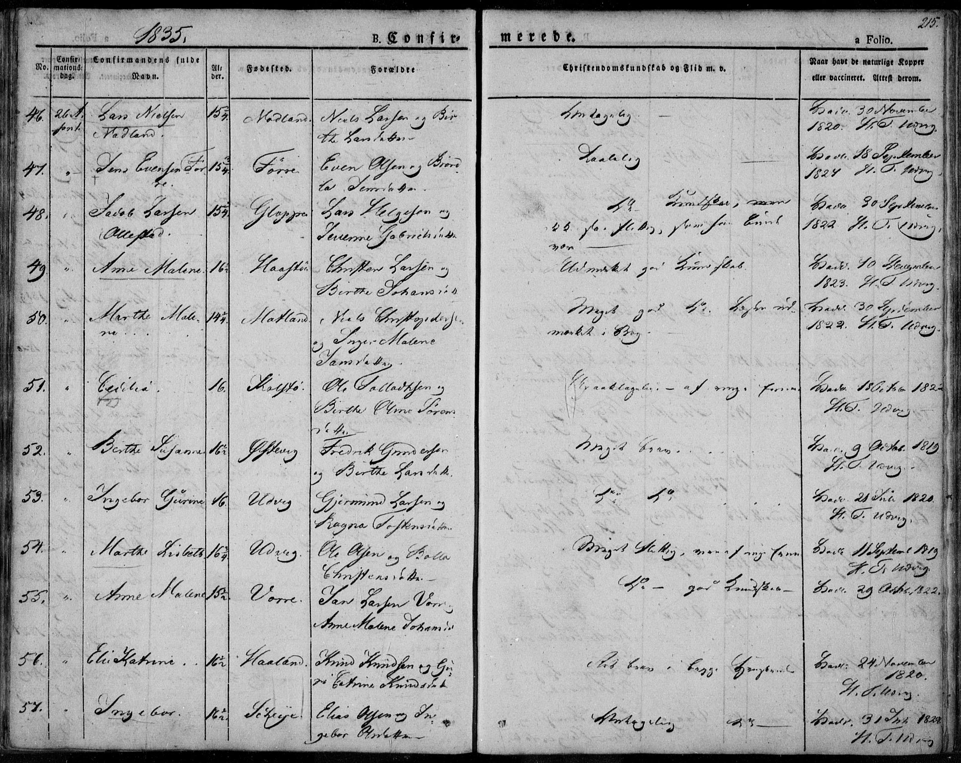 Avaldsnes sokneprestkontor, AV/SAST-A -101851/H/Ha/Haa/L0005: Parish register (official) no. A 5.1, 1825-1841, p. 215