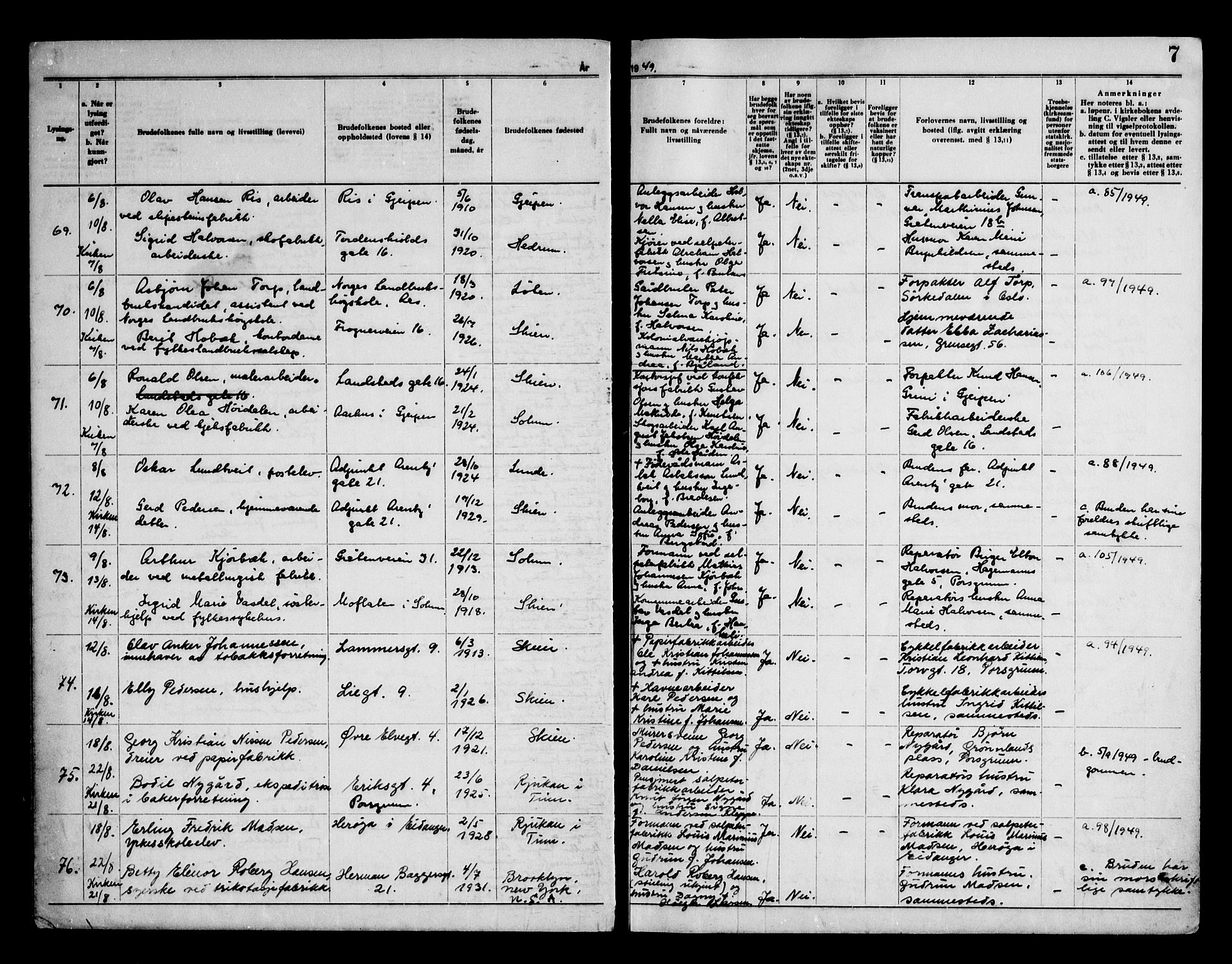 Skien kirkebøker, AV/SAKO-A-302/H/Ha/L0003: Banns register no. 3, 1949-1955, p. 7