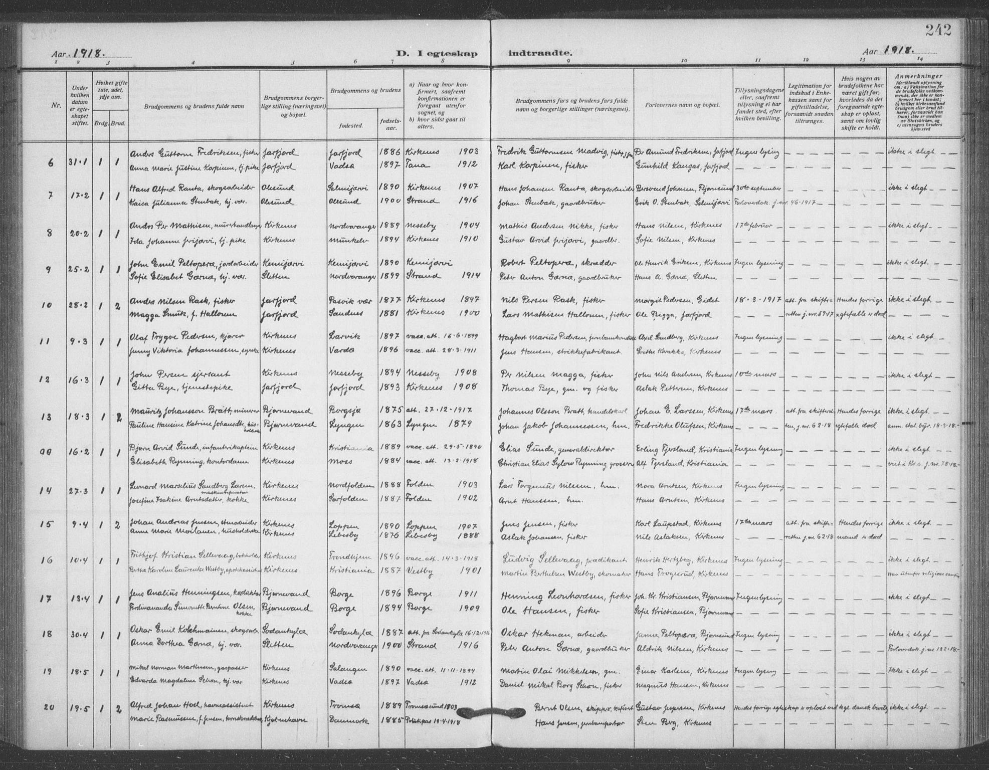 Sør-Varanger sokneprestkontor, AV/SATØ-S-1331/H/Ha/L0005kirke: Parish register (official) no. 5, 1909-1919, p. 242