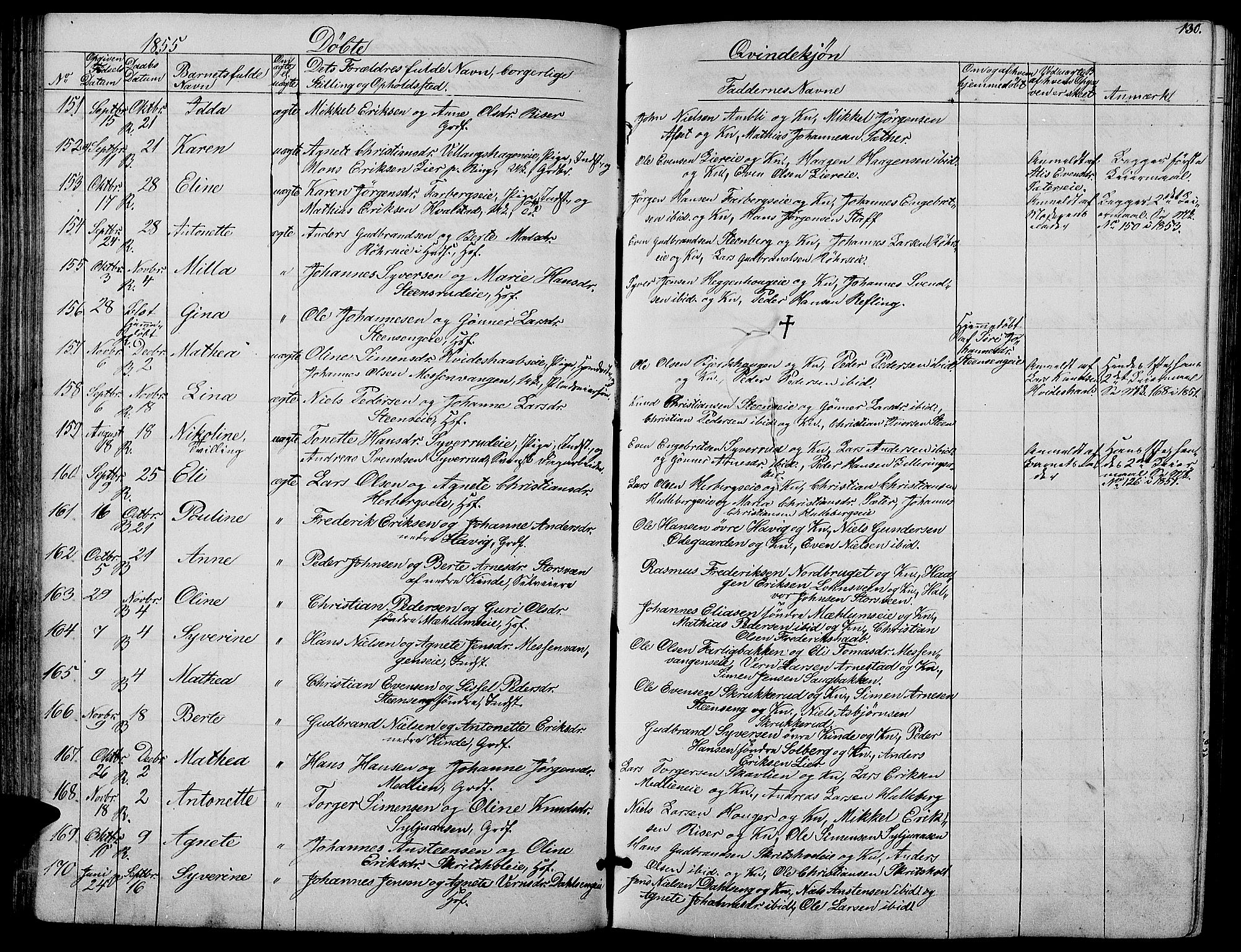 Ringsaker prestekontor, SAH/PREST-014/L/La/L0006: Parish register (copy) no. 6, 1851-1860, p. 130