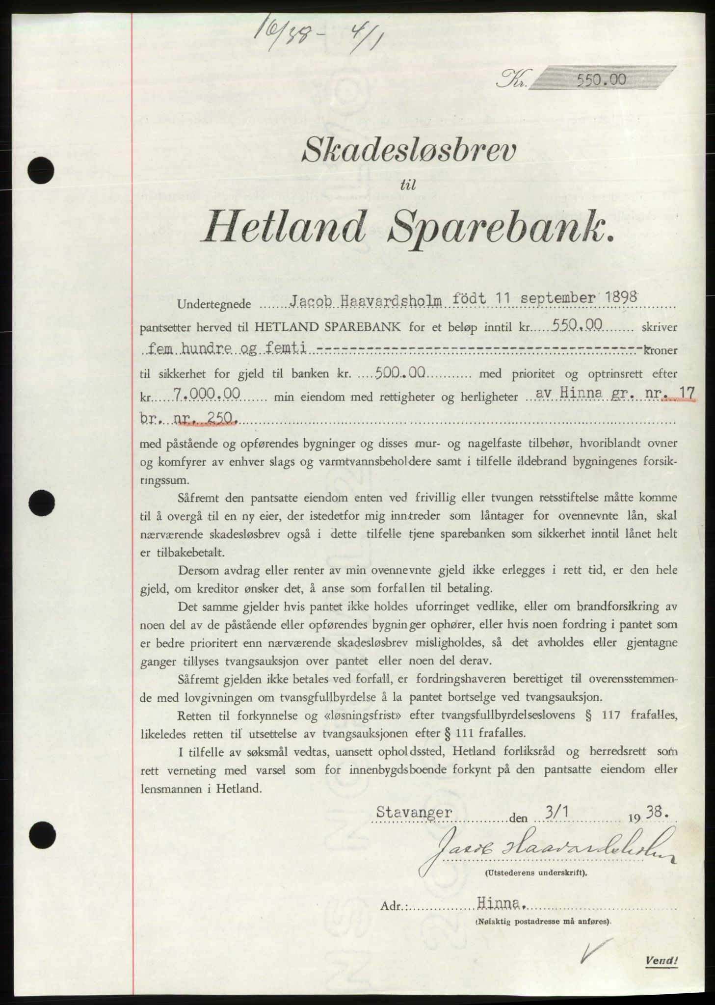 Jæren sorenskriveri, SAST/A-100310/03/G/Gba/L0070: Mortgage book, 1938-1938, Diary no: : 16/1938