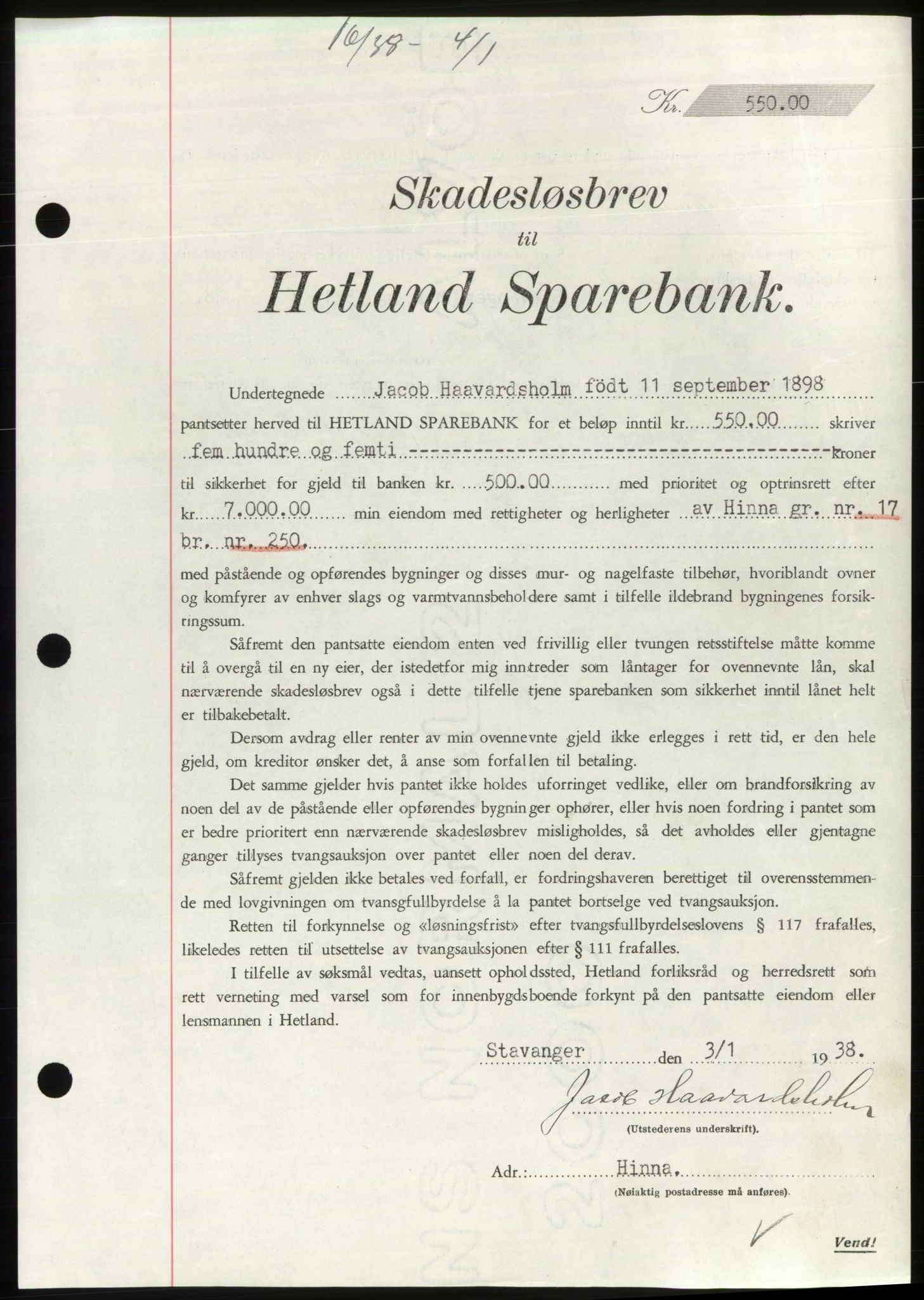 Jæren sorenskriveri, AV/SAST-A-100310/03/G/Gba/L0070: Mortgage book, 1938-1938, Diary no: : 16/1938