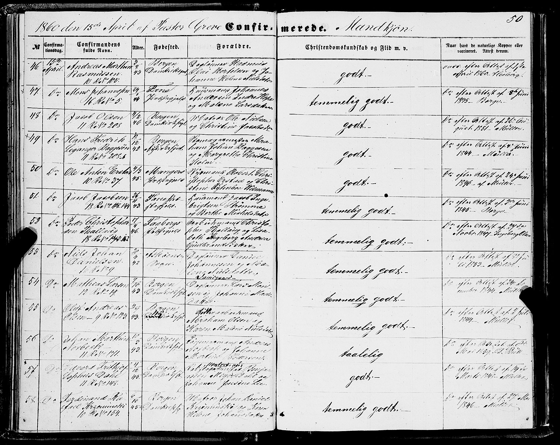 Domkirken sokneprestembete, AV/SAB-A-74801/H/Haa/L0028: Parish register (official) no. C 3, 1852-1864, p. 50