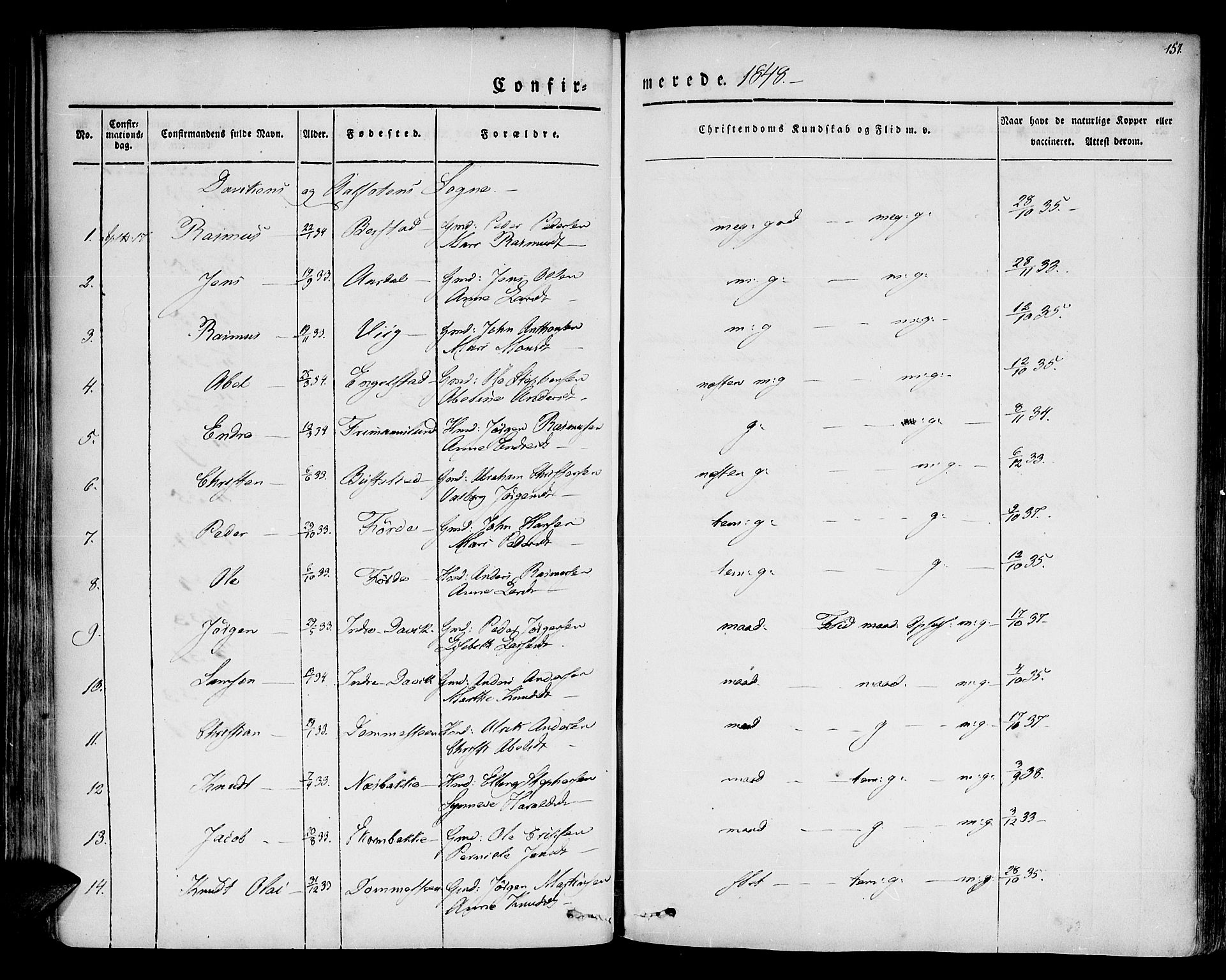 Davik sokneprestembete, AV/SAB-A-79701/H/Haa/Haaa/L0004: Parish register (official) no. A 4, 1830-1849, p. 157