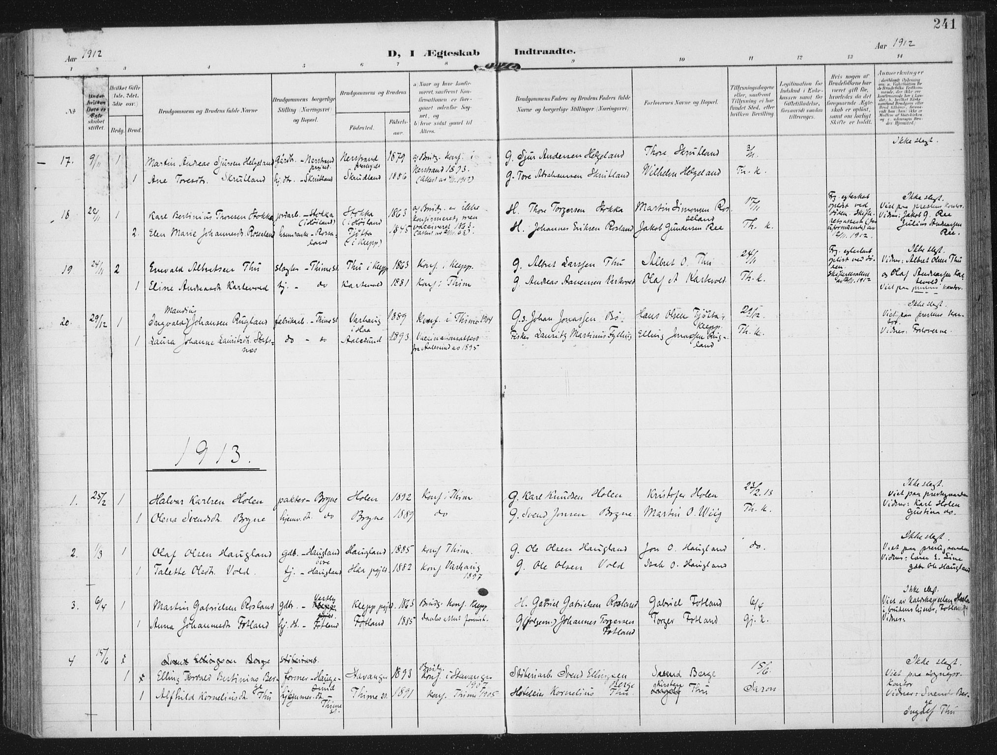 Lye sokneprestkontor, SAST/A-101794/002/A/L0001: Parish register (official) no. A 12, 1904-1920, p. 241