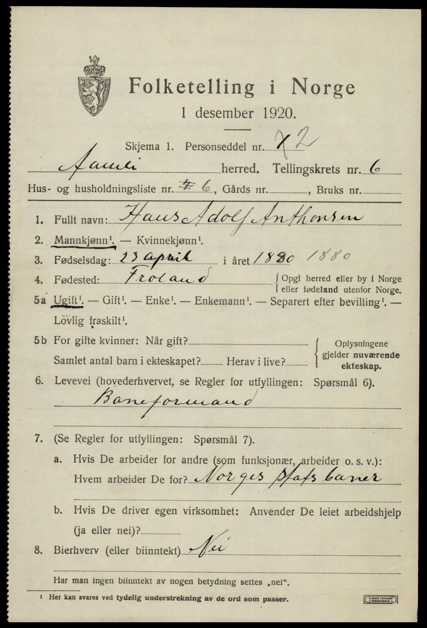 SAK, 1920 census for Åmli, 1920, p. 2693